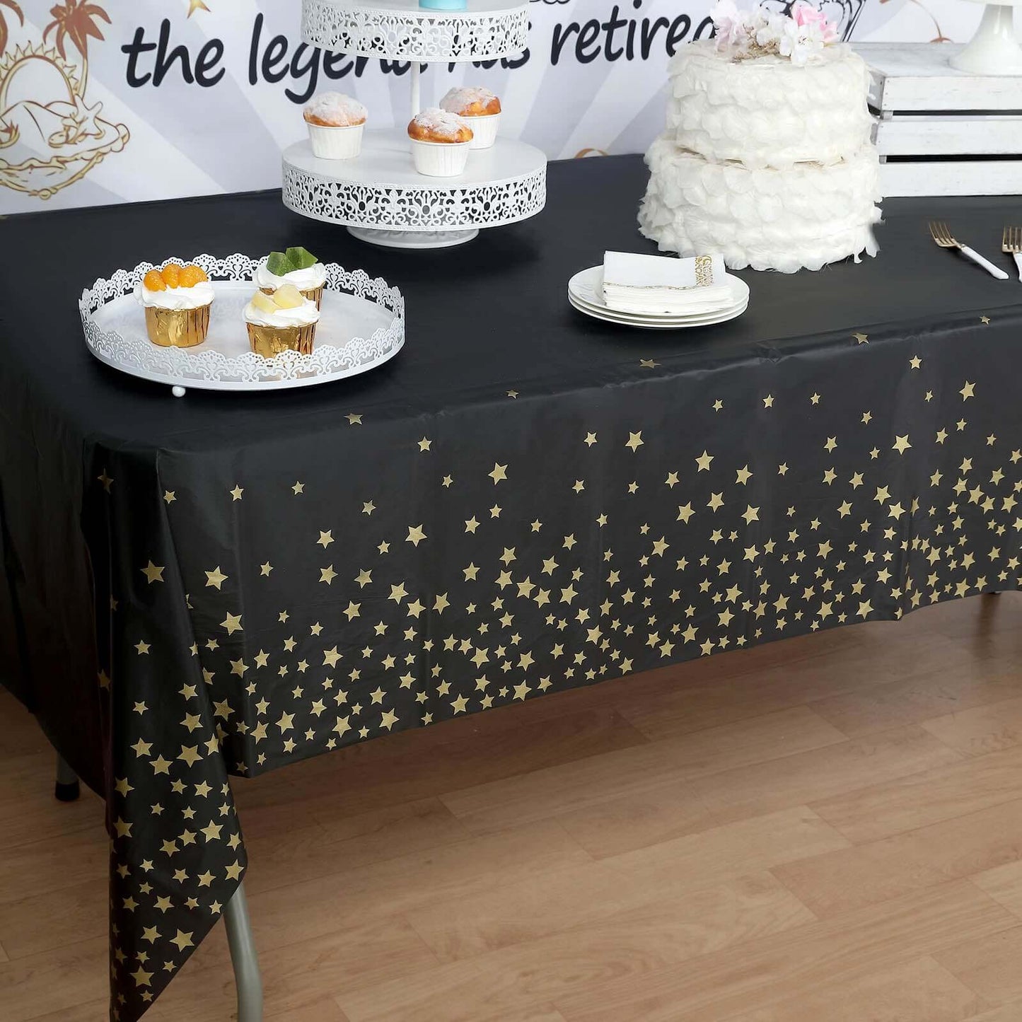 5-Pack Plastic Table Covers Black Rectangle with Gold Stars - Decorative PVC Disposable Tablecloths 54"x108"
