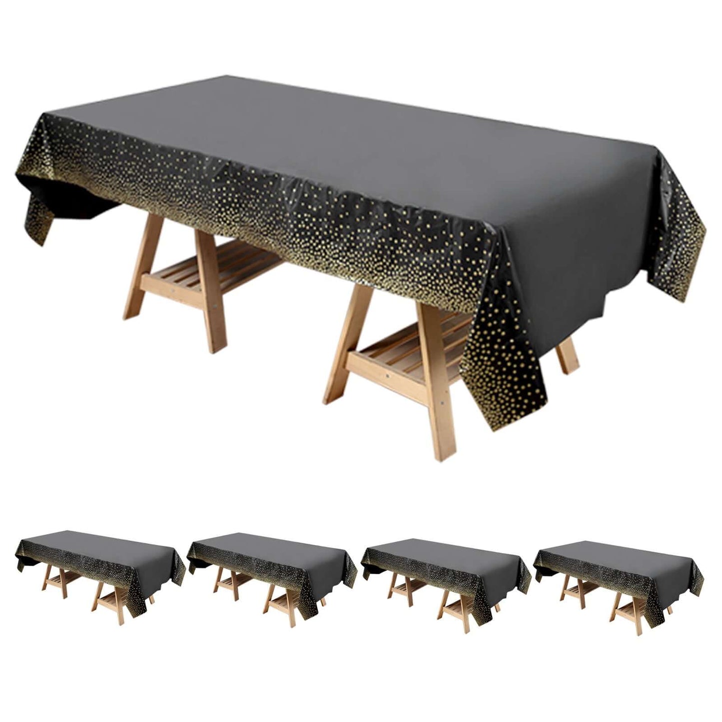 5-Pack Plastic Table Covers Black Rectangle with Gold Confetti Dots - Durable PVC Disposable Tablecloths for Events 54"x108"