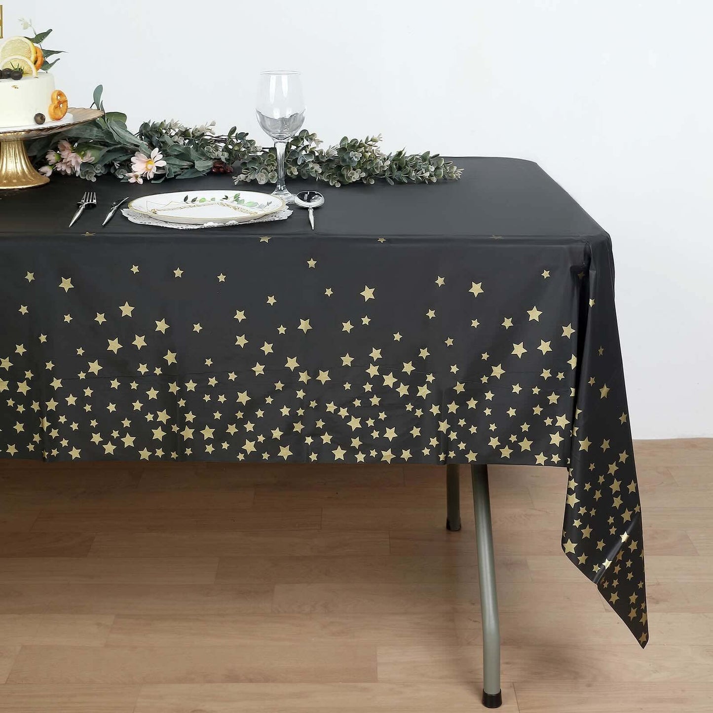 5-Pack Plastic Table Covers Black Rectangle with Gold Stars - Decorative PVC Disposable Tablecloths 54"x108"