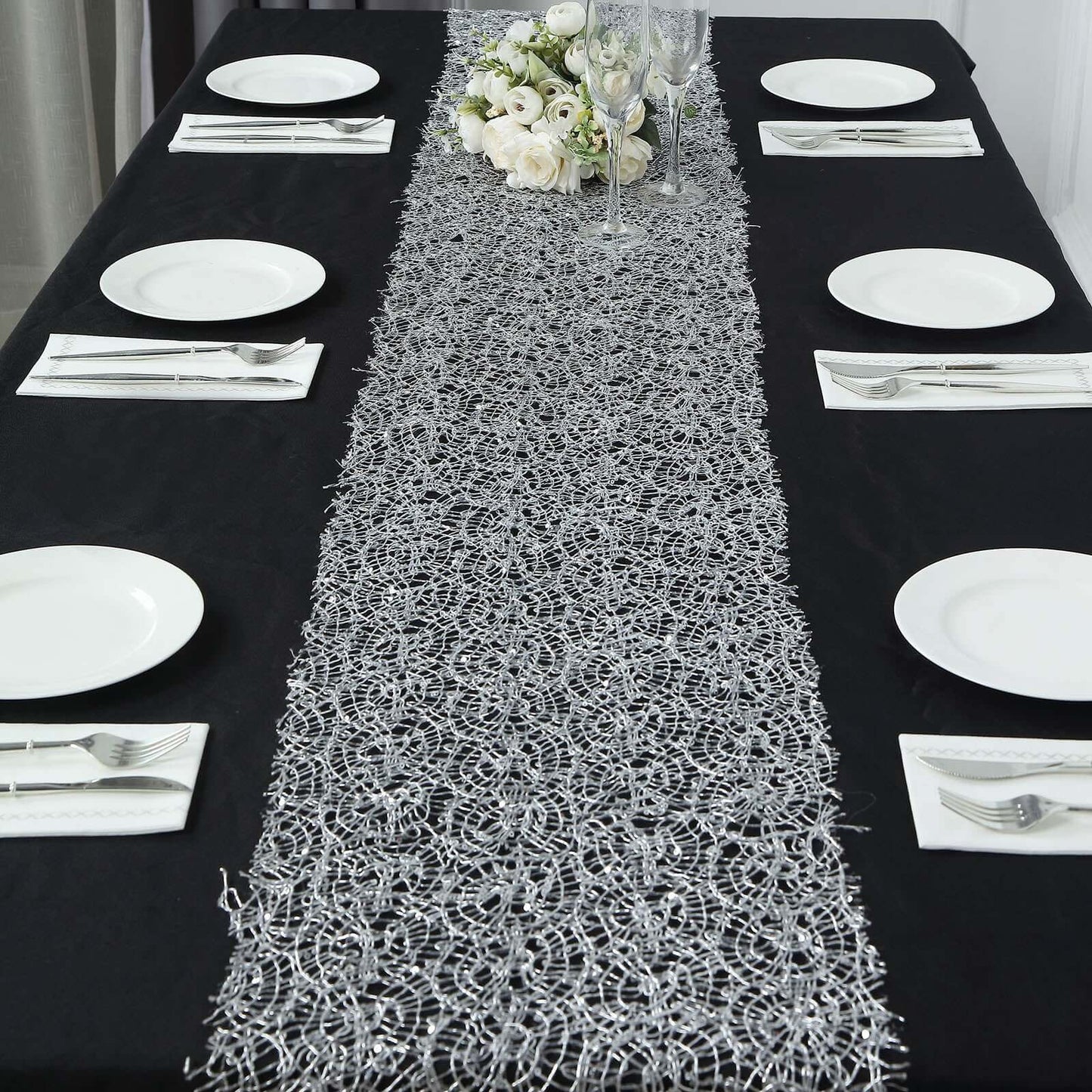 Mesh 12"x108" Table Runner Silver - Sequin Schiffli Lace Design for Stylish Celebrations