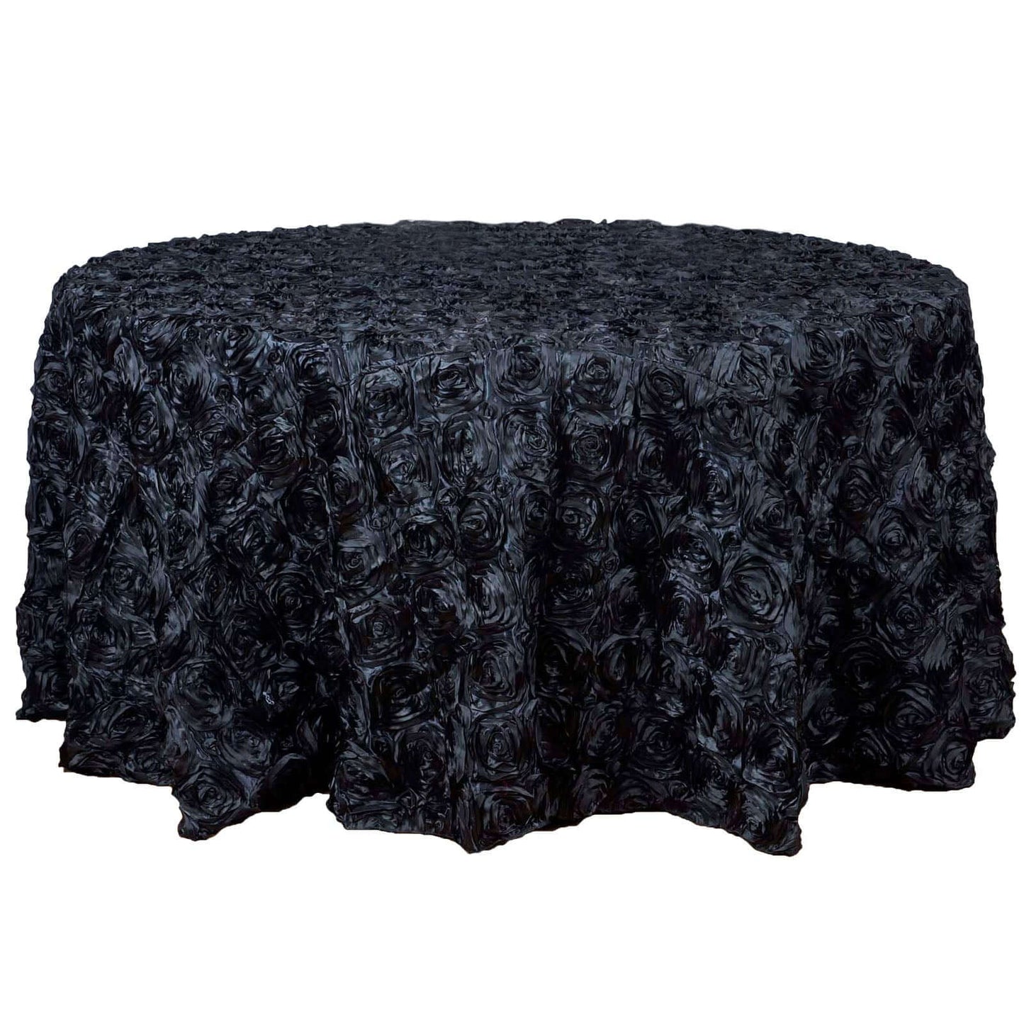 Satin 120" Round Tablecloth Black - Grandiose 3D Rosette with Seamless Finish Table Cover