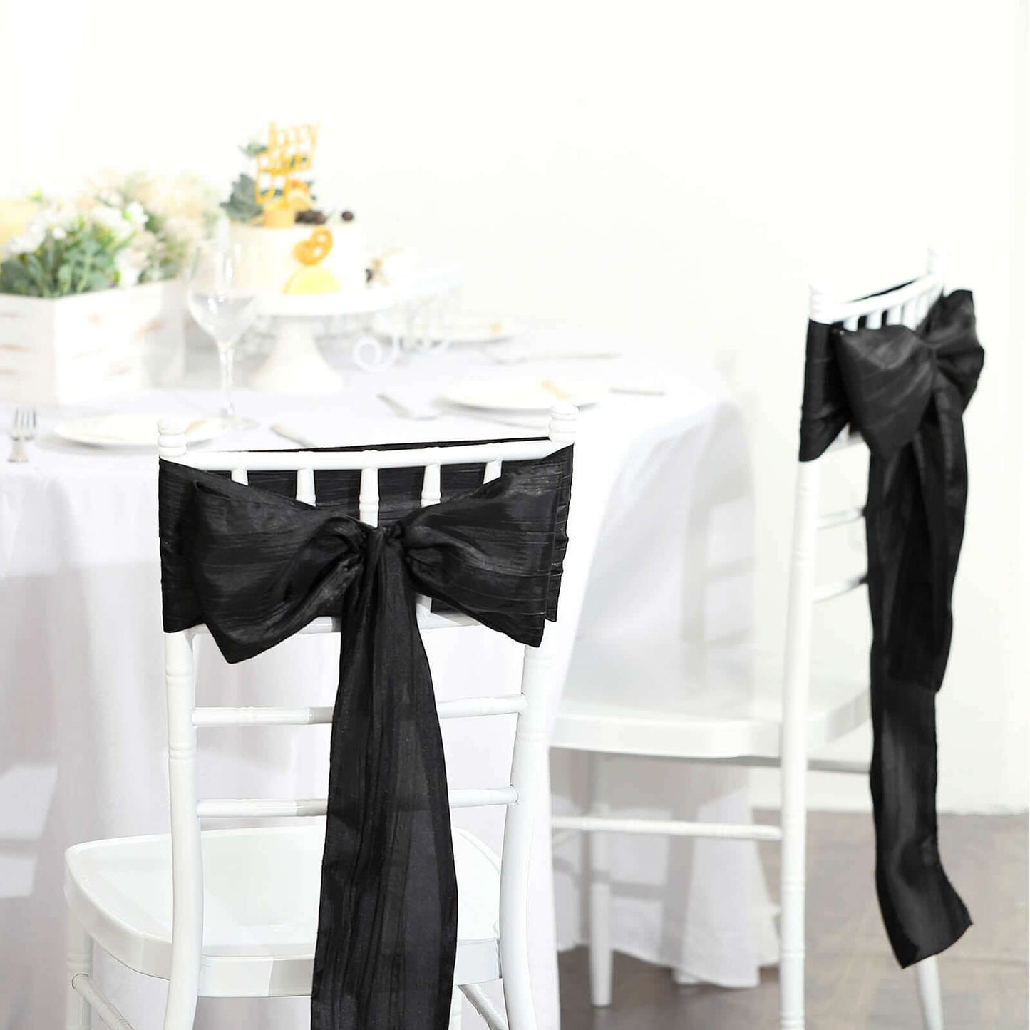 5 Pack Taffeta 6"x106" Chair Sashes Black Accordion Crinkle Texture - Stylish Decor for Weddings & Gatherings