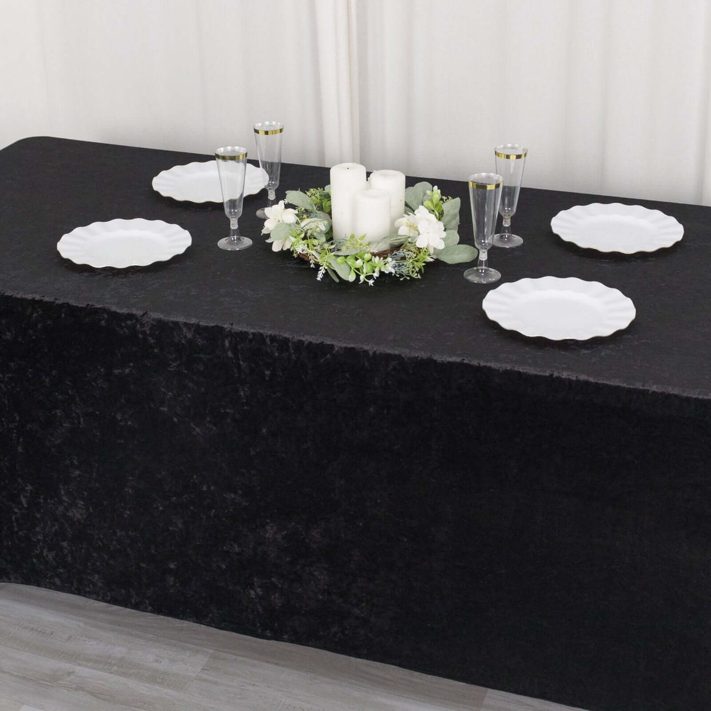 Crushed Velvet Fitted Rectangular 6ft Table Cover Black - Wrinkle-Free Stretchy Tablecloth