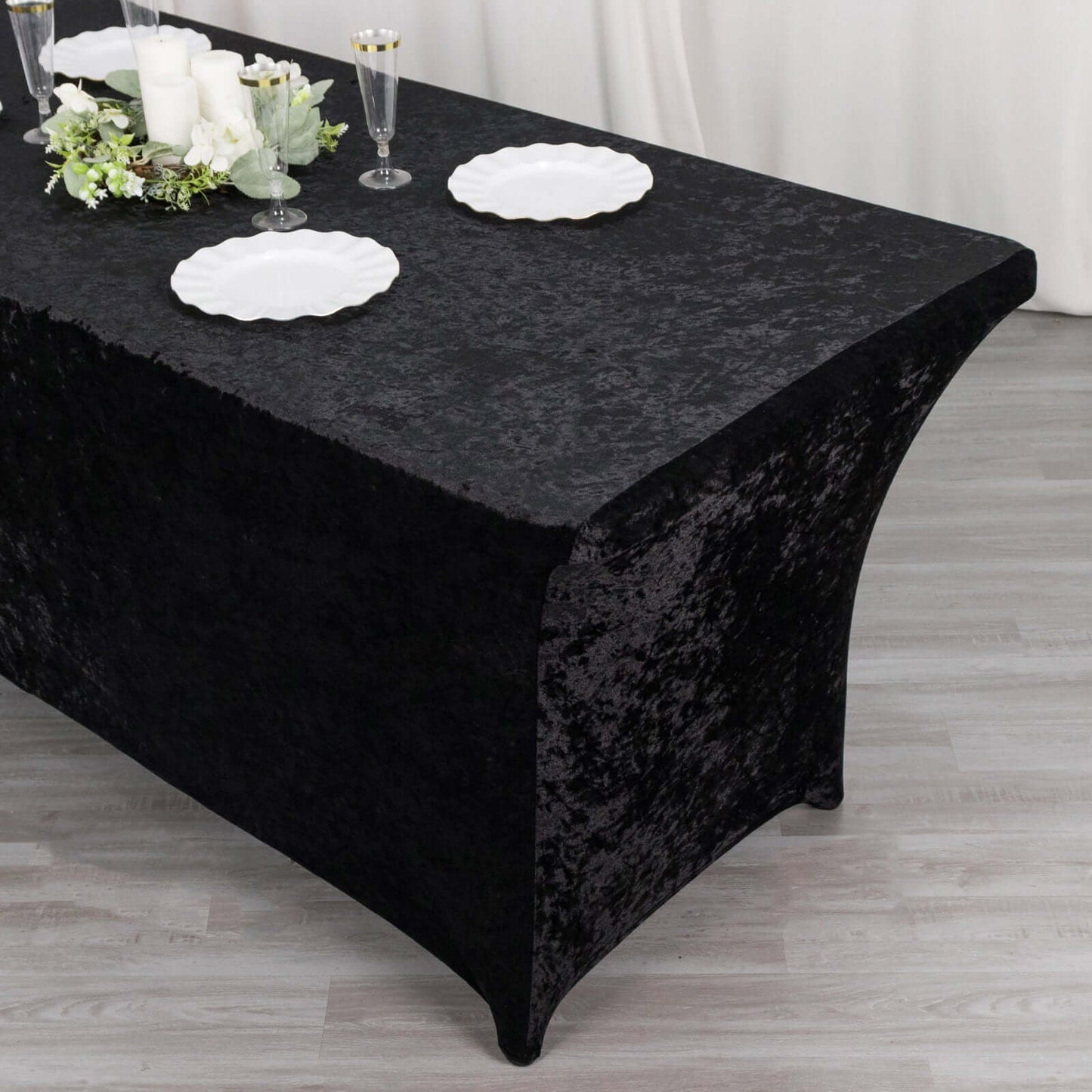 Crushed Velvet Fitted Rectangular 6ft Table Cover Black - Wrinkle-Free Stretchy Tablecloth