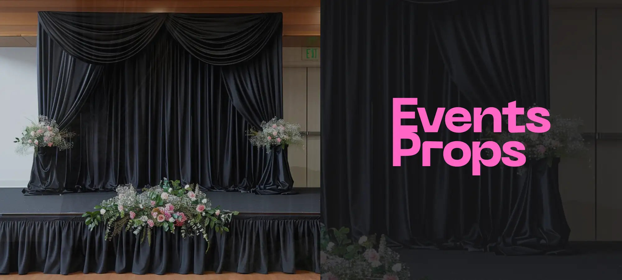 Black velvet stage curtain with floral arrangements and white flowers