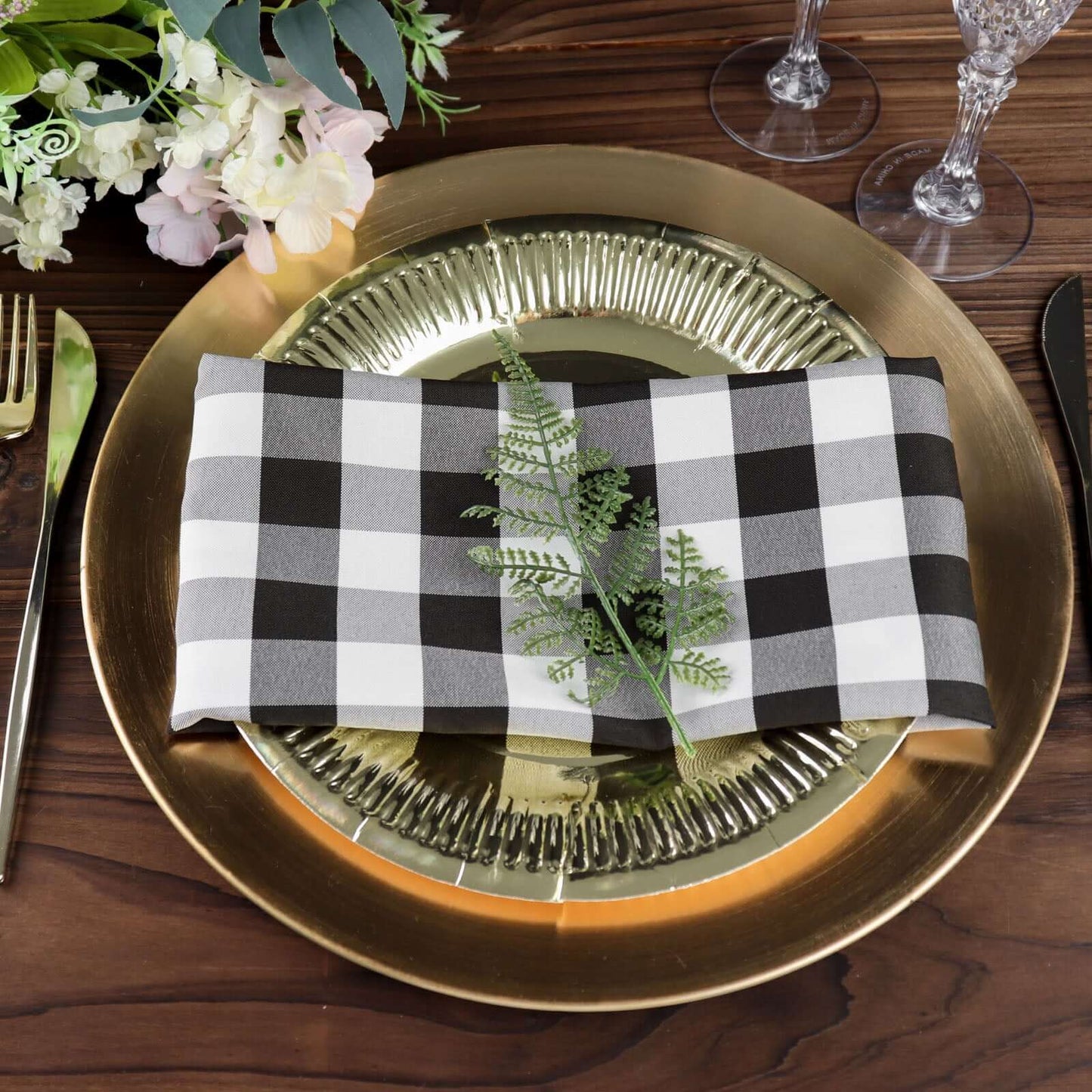 5 Pack Polyester 15"x15" Napkins Black/White Buffalo Plaid Gingham Style Cloth Napkins for Casual & Outdoor Dining