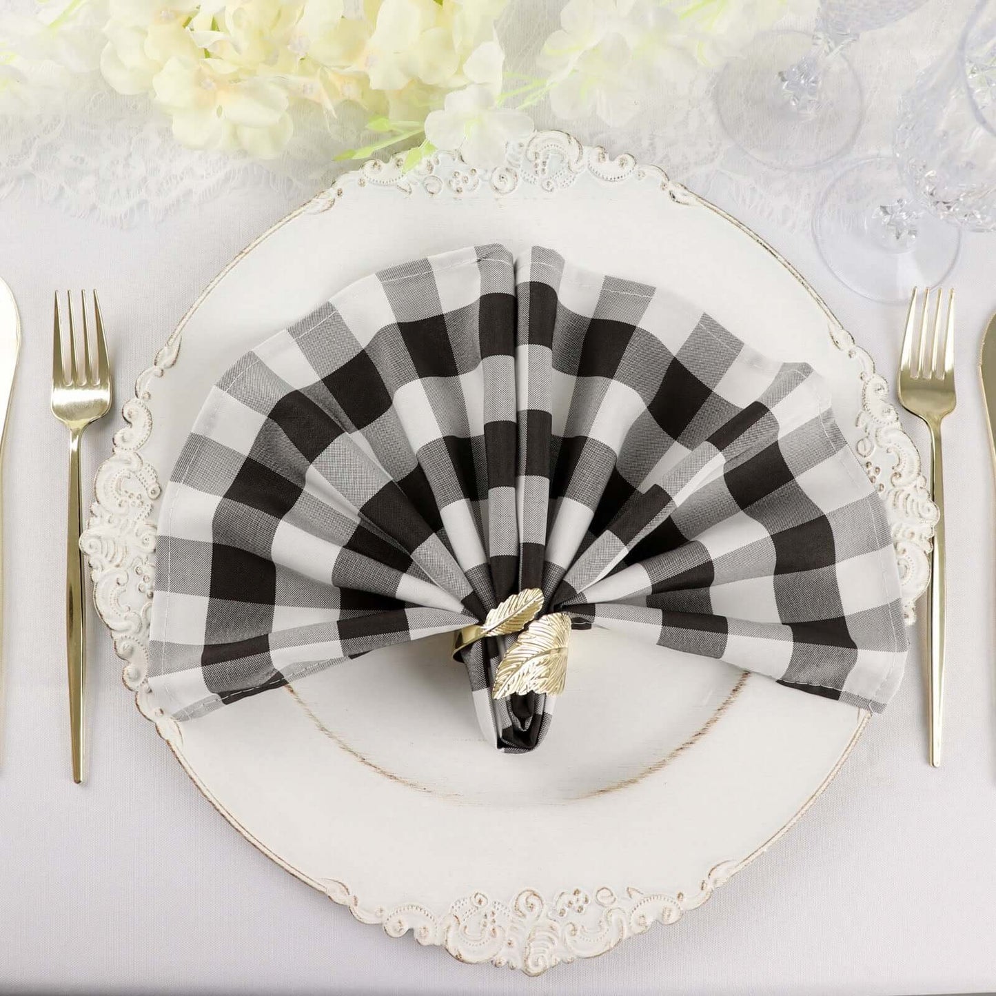 5 Pack Polyester 15"x15" Napkins Black/White Buffalo Plaid Gingham Style Cloth Napkins for Casual & Outdoor Dining