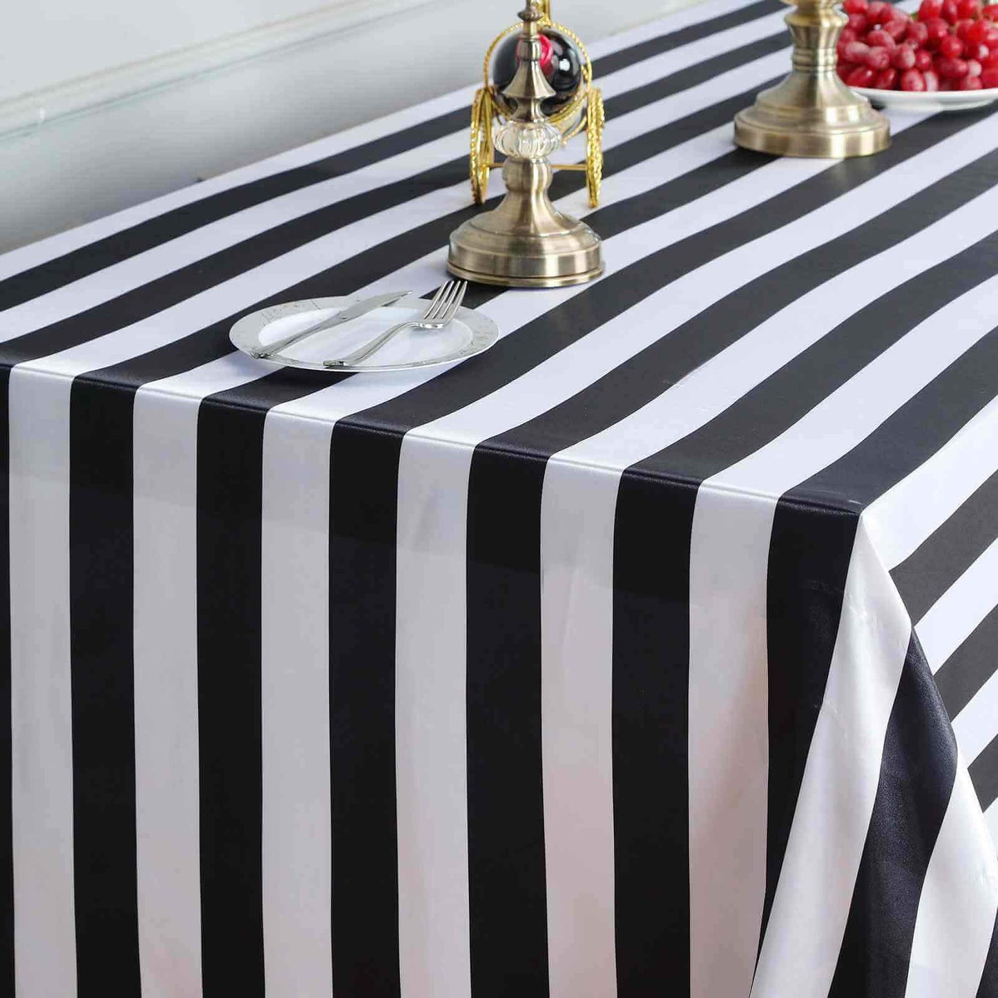 Satin 90"x156" Rectangle Tablecloth Black/White - Stripe Design with Seamless Finish Table Cover