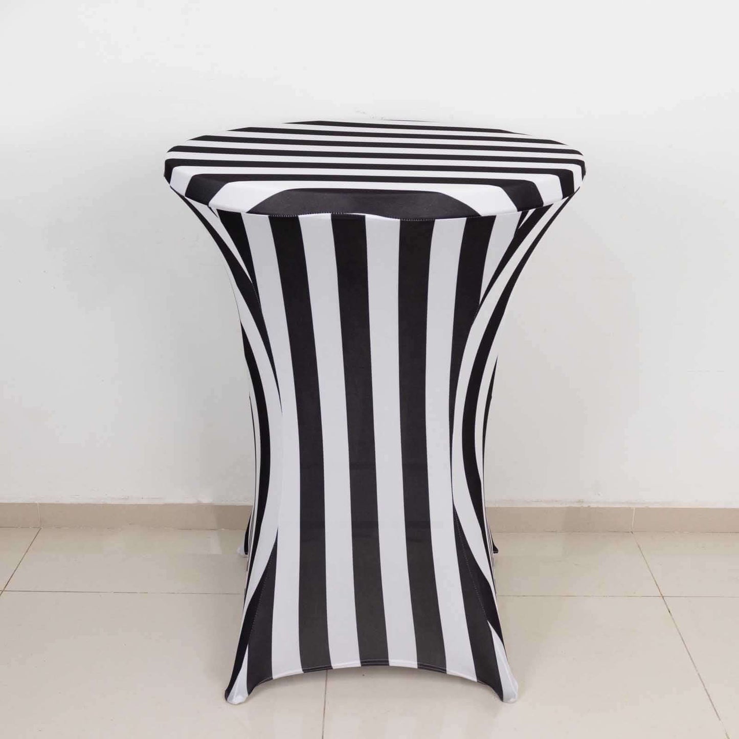 Spandex 30" Fitted Round Cocktail Table Cover Black/White Striped - Easy to Maintain Stretch Tablecloth