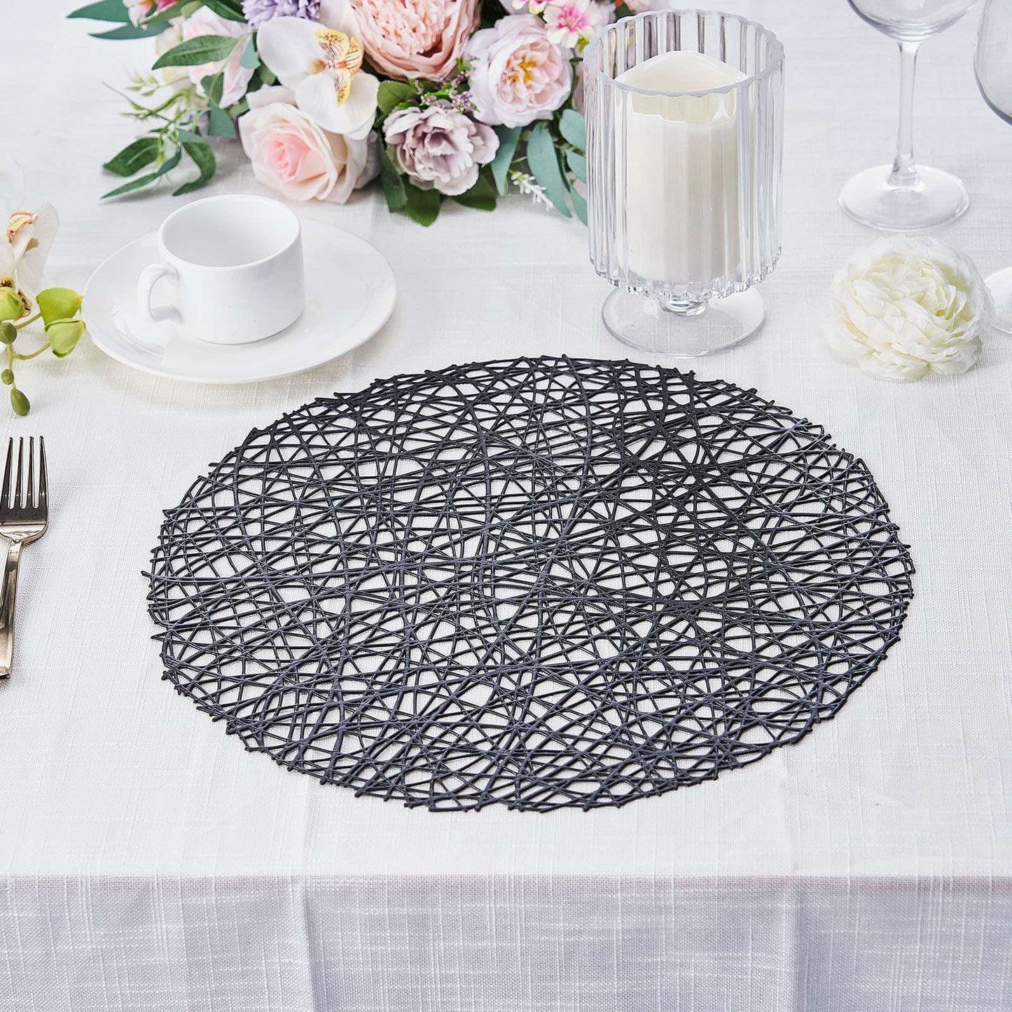 6-Pack Vinyl Placemats Black Woven Design - Durable Non-Slip Round Table Mats for Dining 15"