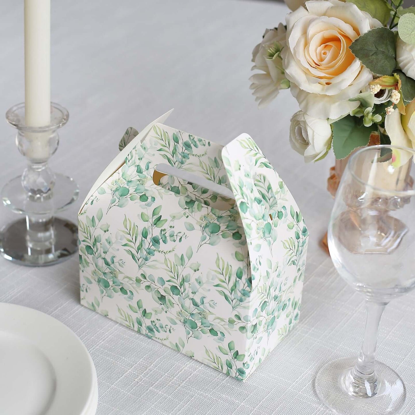 25 Pack White Green Candy Gift Tote Gable Boxes with Eucalyptus Leaves Print, Party Favor Treat Boxes - 6"x3.5"x7"