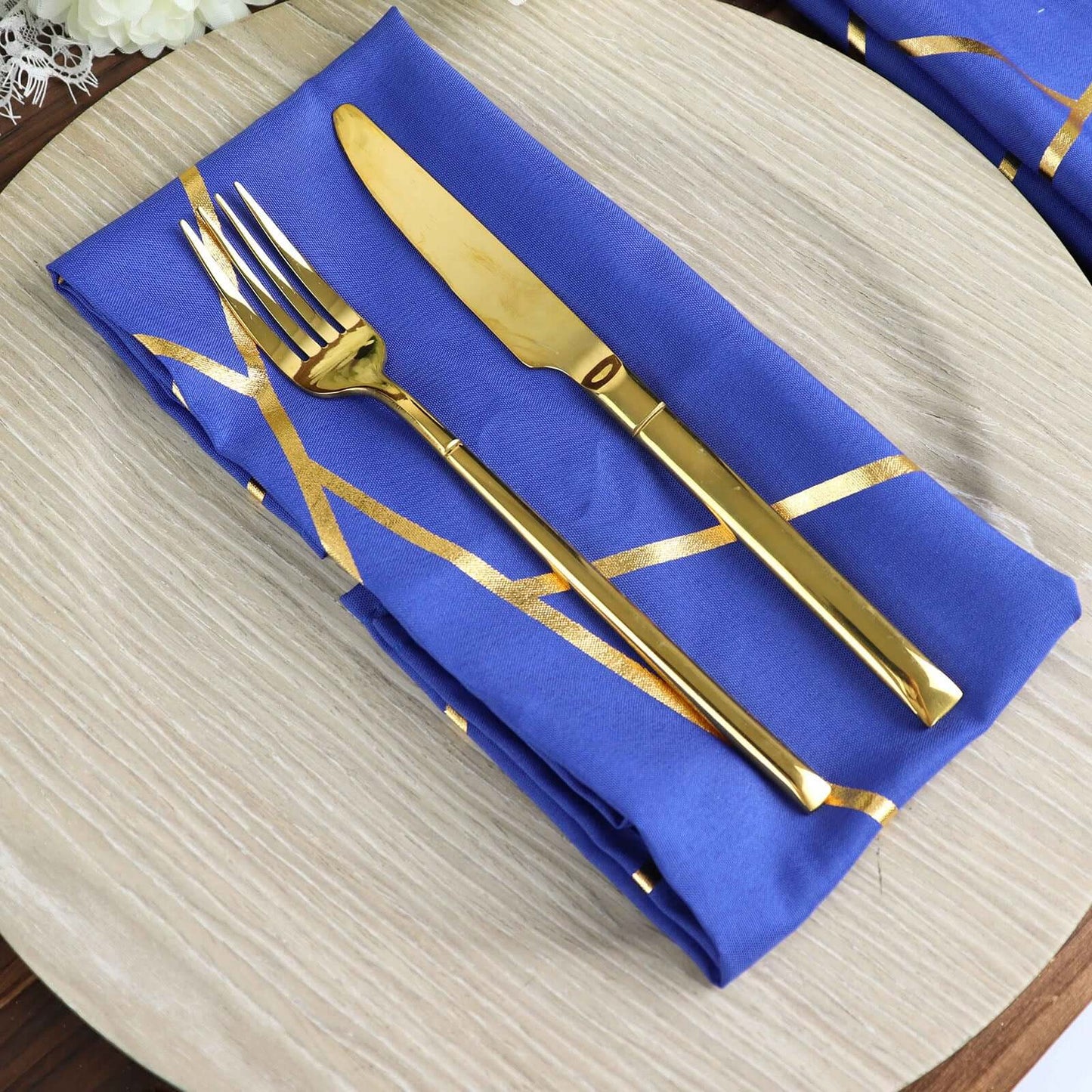 5 Pack Polyester 20"x20" Napkins Royal Blue with Gold Geometric Foil Pattern - Modern Reusable Dinner Napkins
