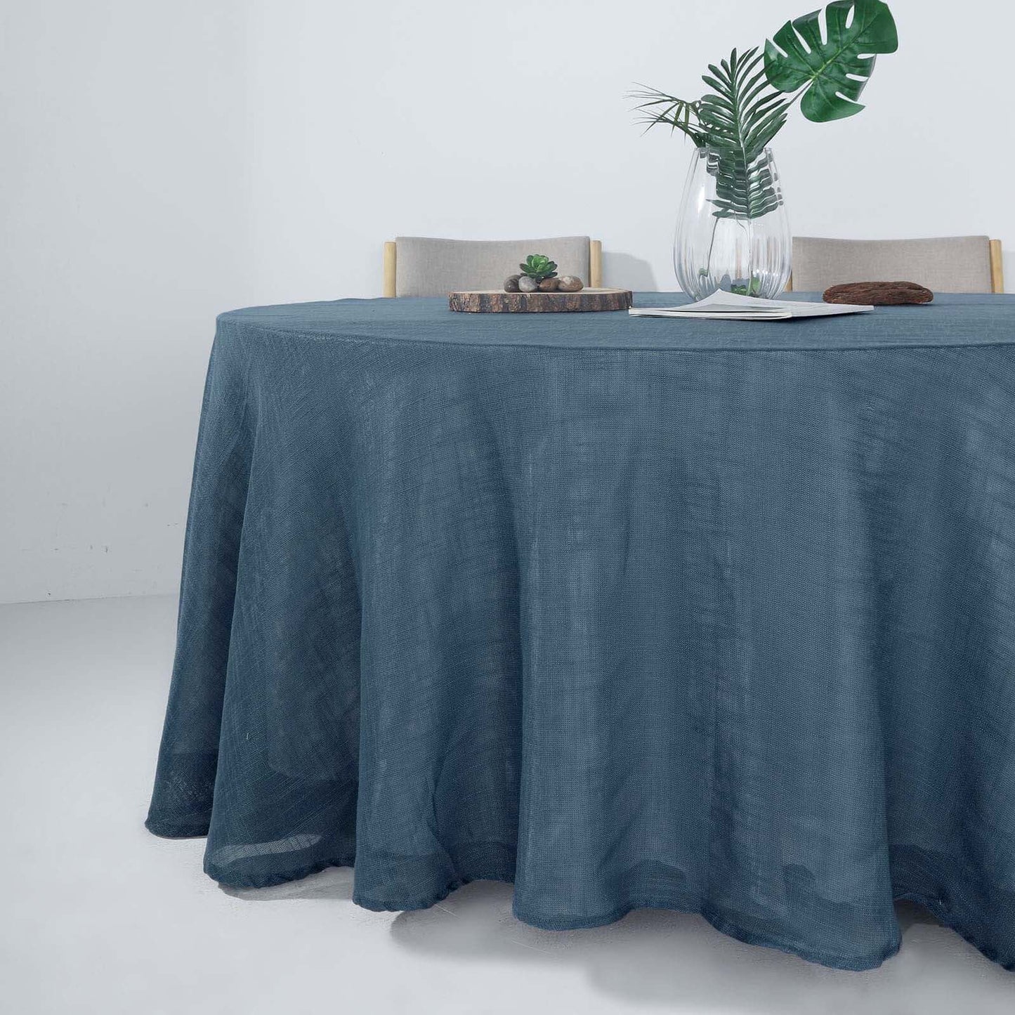 Faux Linen 120" Round Tablecloth Blue - Slubby Texture Wrinkle-Resistant Seamless Table Cover