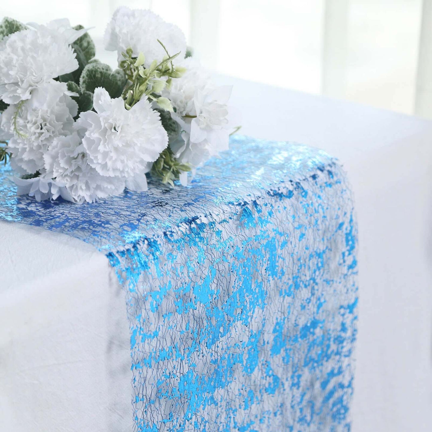 Mesh Polyester 108" Table Runner Roll Metallic Royal Blue - Distressed Foil Look Disposable Table Decor