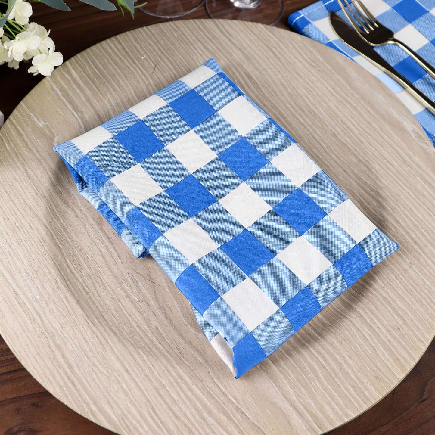 5 Pack Polyester 15"x15" Napkins Blue/White Buffalo Plaid Gingham Style Cloth Napkins
