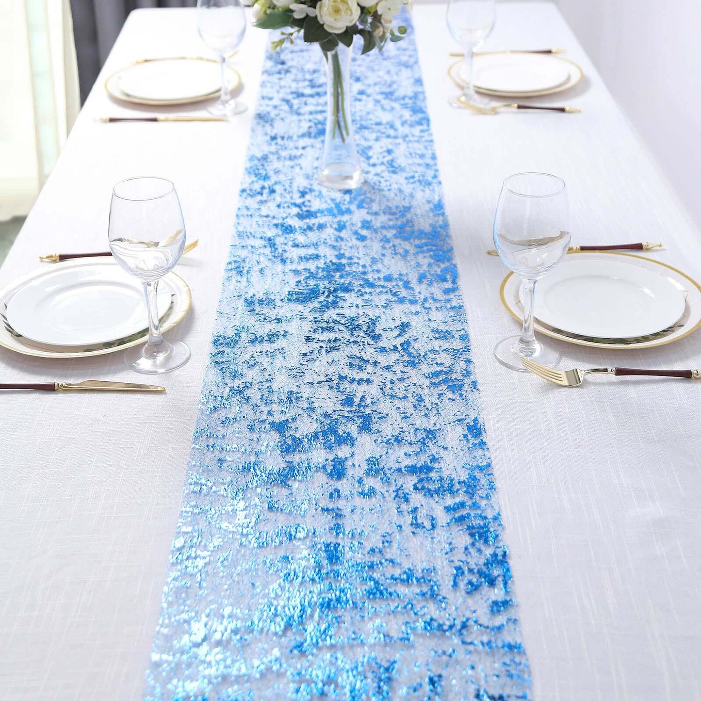 Mesh Polyester 108" Table Runner Roll Metallic Royal Blue - Distressed Foil Look Disposable Table Decor