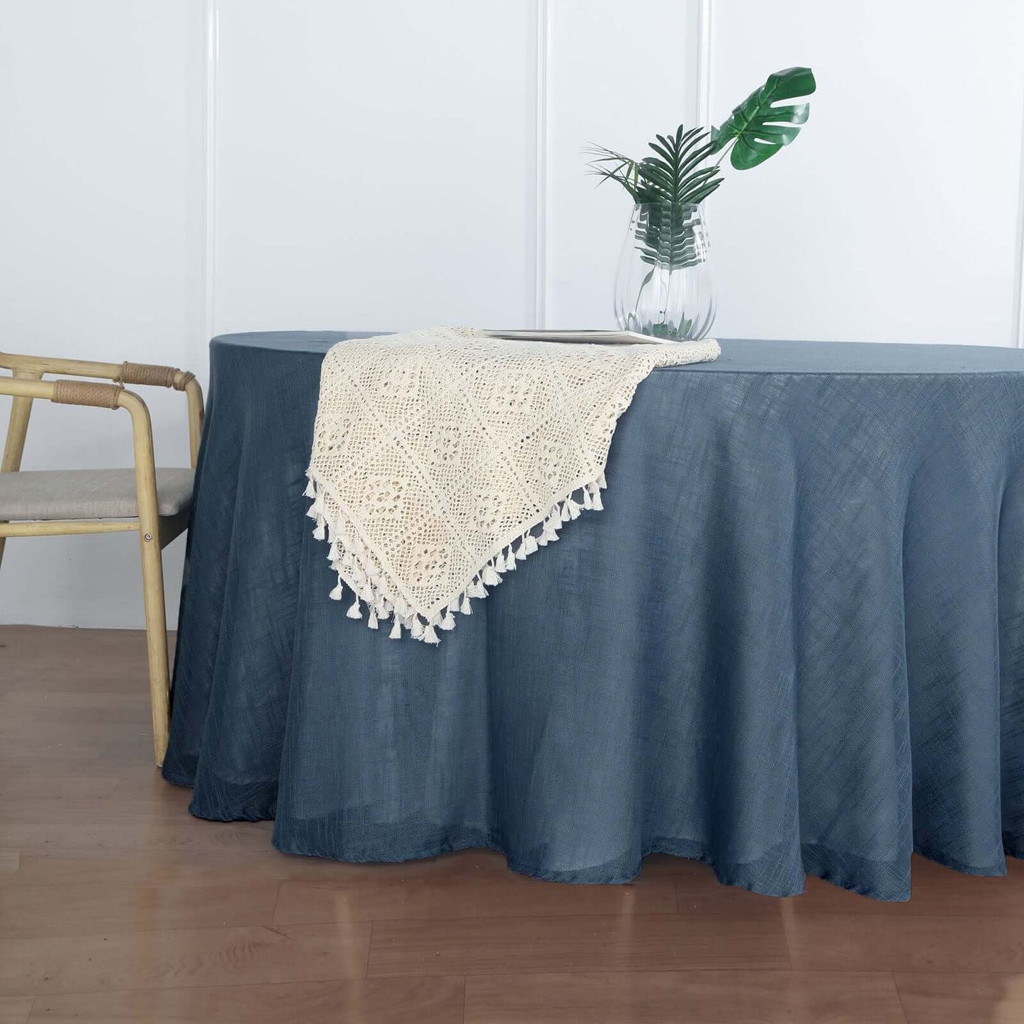 Faux Linen 120" Round Tablecloth Blue - Slubby Texture Wrinkle-Resistant Seamless Table Cover