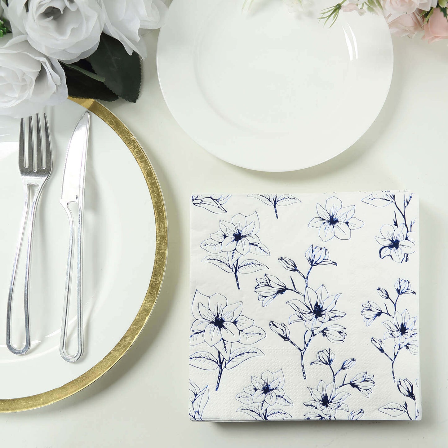 50-Pack Paper Cocktail Napkins with Blue Magnolia Flowers Print White - Highly 2 Ply Absorbent Soft Napkins for Beverages