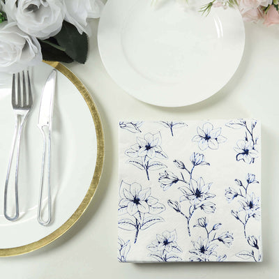 50-Pack Paper Cocktail Napkins with Blue Magnolia Flowers Print White - Highly 2 Ply Absorbent Soft Napkins for Beverages