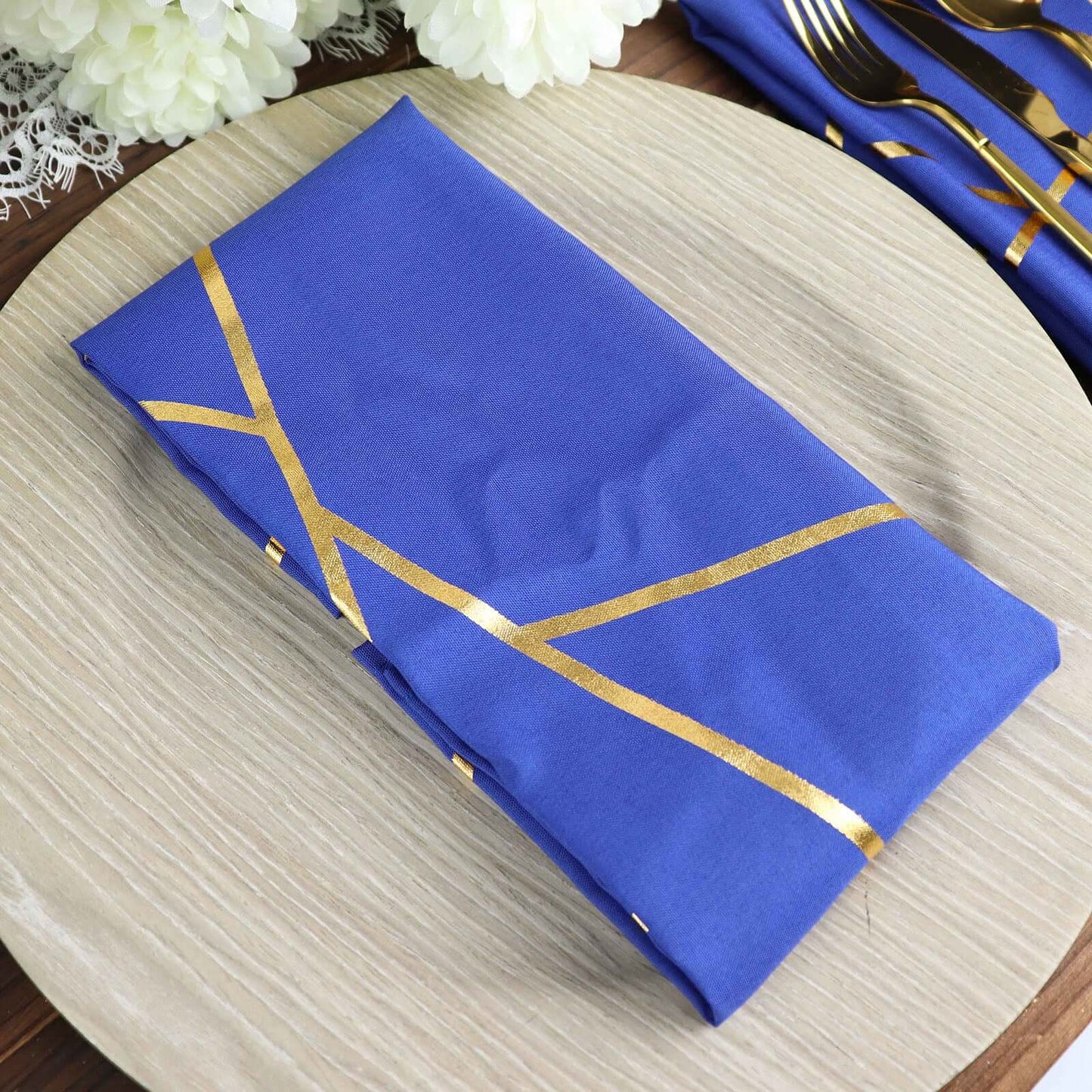 5 Pack Polyester 20"x20" Napkins Royal Blue with Gold Geometric Foil Pattern - Modern Reusable Dinner Napkins