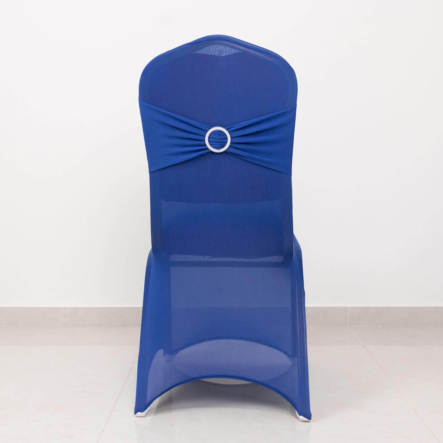 Spandex Chair Cover with Silver Rhinestone Buckled Sash Band Royal Blue - Stretch Fitted Slipcover