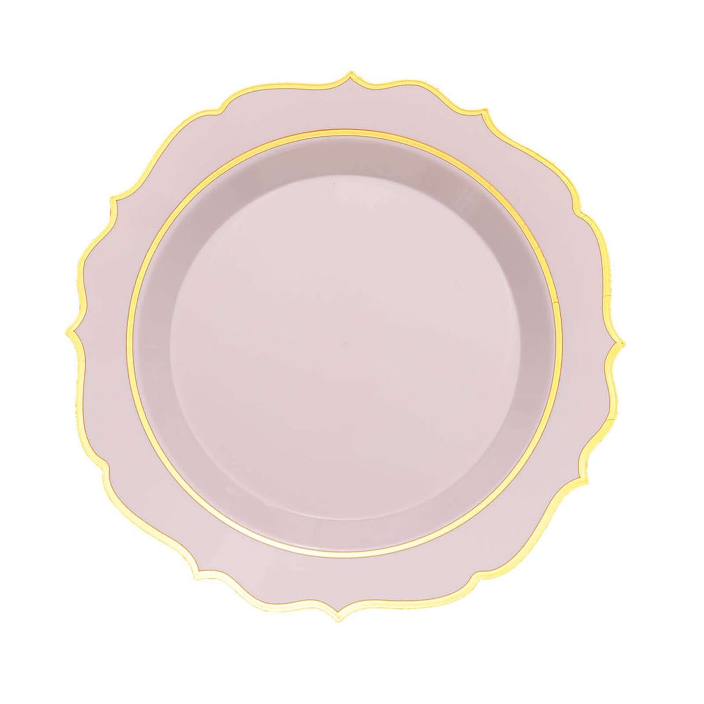 10-Pack Plastic 8" Round Dessert Plates in Blush with Gold Scalloped Rim - Disposable Appetizer/Salad Plates