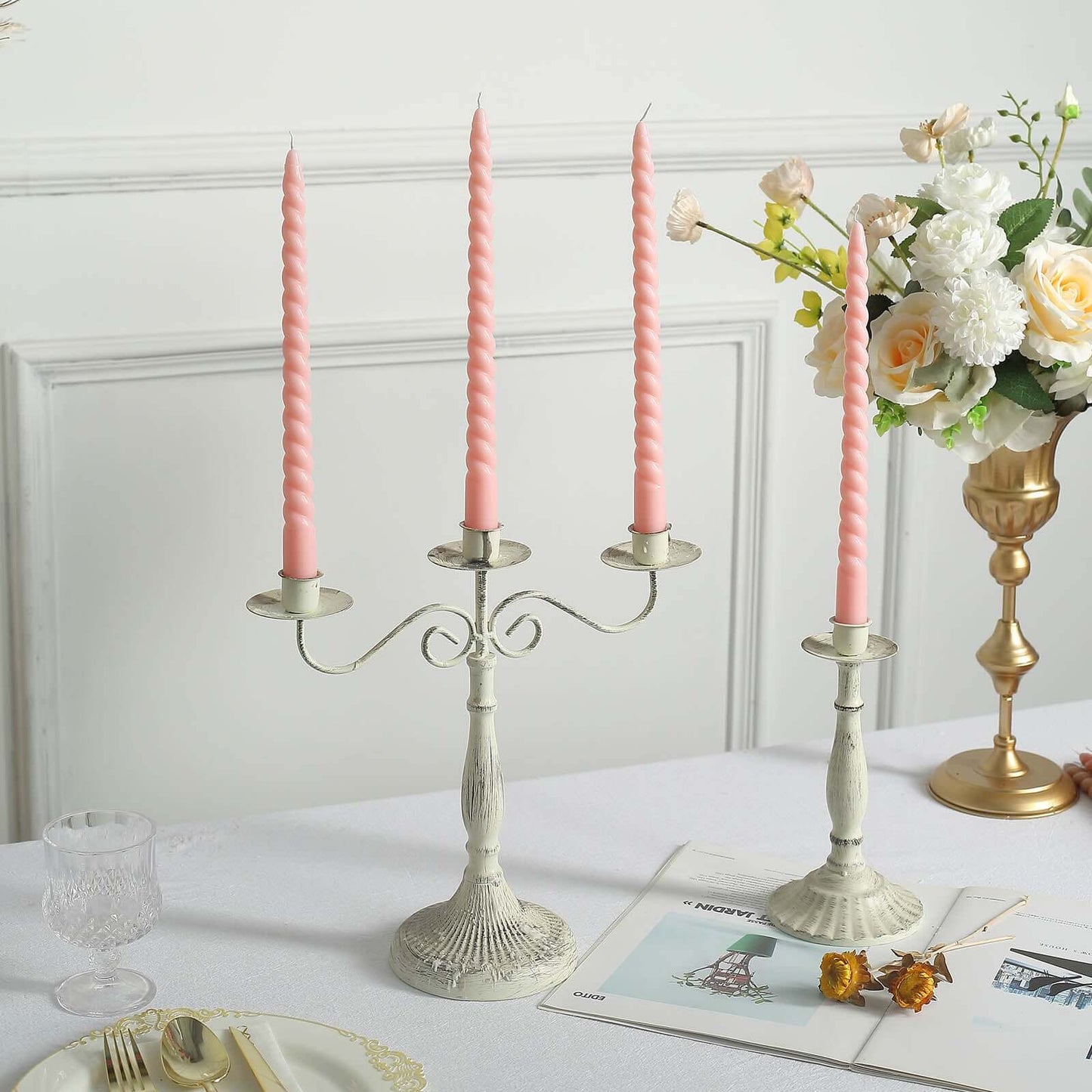 12-Pack Taper Candles Spiral Long Burn Wick Design Blush - Premium Unscented Wax Dinner Candle Sticks 11"