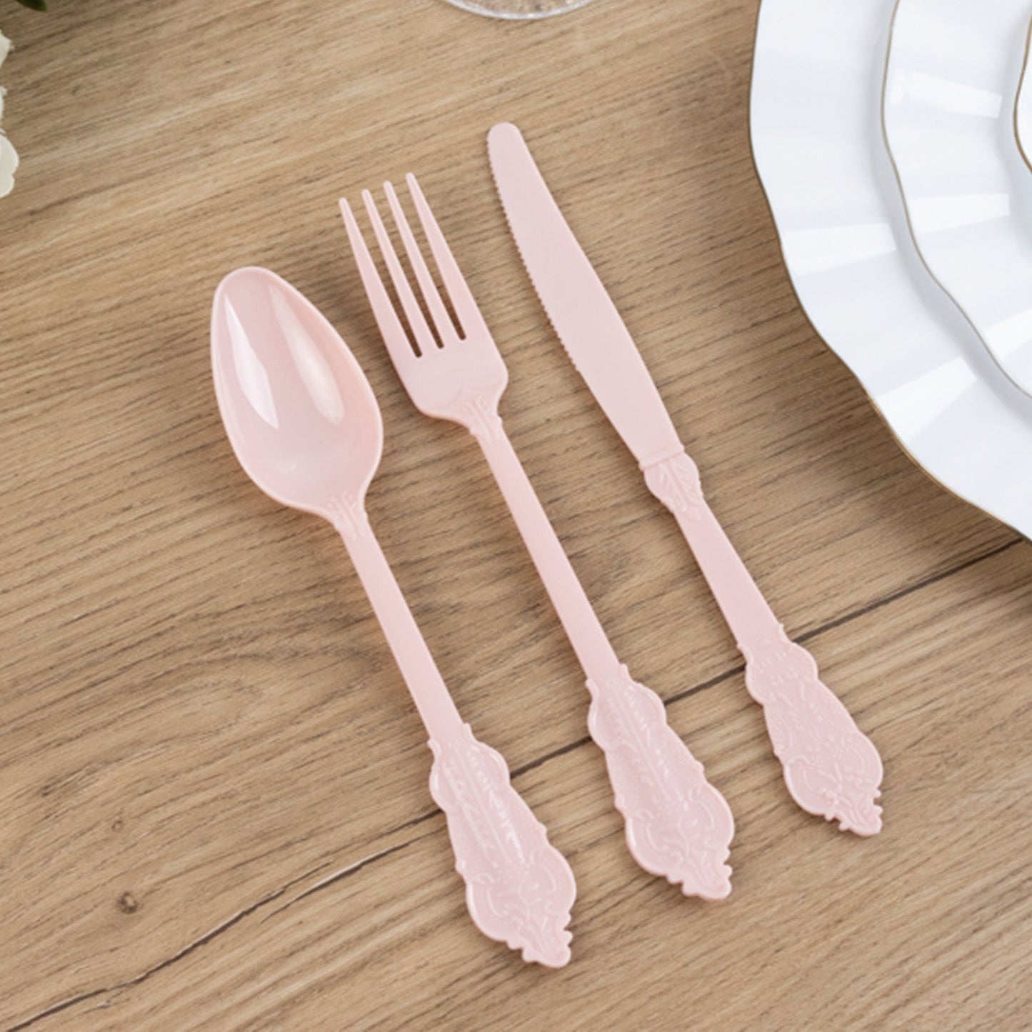 72 Pcs Plastic Silverware Set in Baroque Style Blush - Heavy Duty Disposable Knife, Fork, and Spoon Set