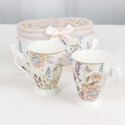 Blush Floral Design Bridal Shower Gift Set 2 Pack Porcelain Tea Cups With Matching Keepsake Gift Box and Satin Ribbon