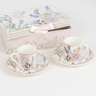Blush Floral Design Bridal Shower Gift Set Set of 2 Porcelain Espresso Cups and Saucers with Matching Keepsake Box