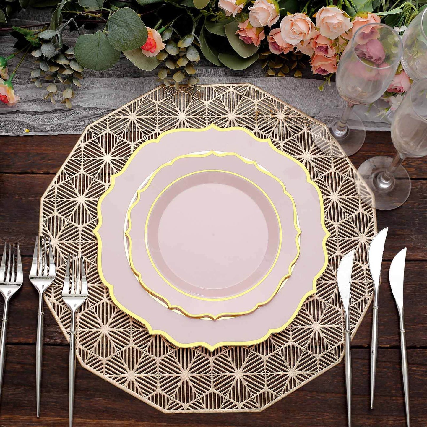 10-Pack Plastic 8" Round Dessert Plates in Blush with Gold Scalloped Rim - Disposable Appetizer/Salad Plates