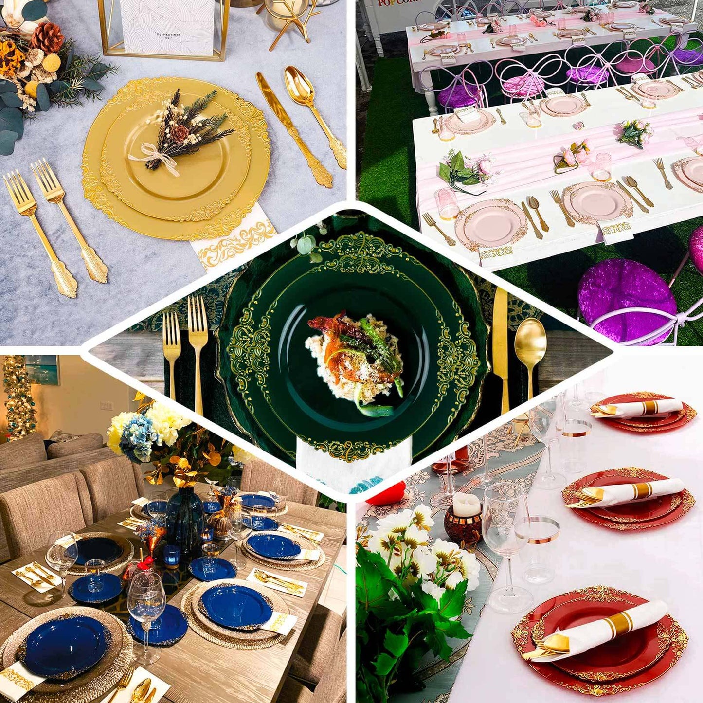 10-Pack Plastic 10" Round Dinner Plates in Blush with Gold Leaf Embossed Rim - Disposable Vintage Baroque Style Plates