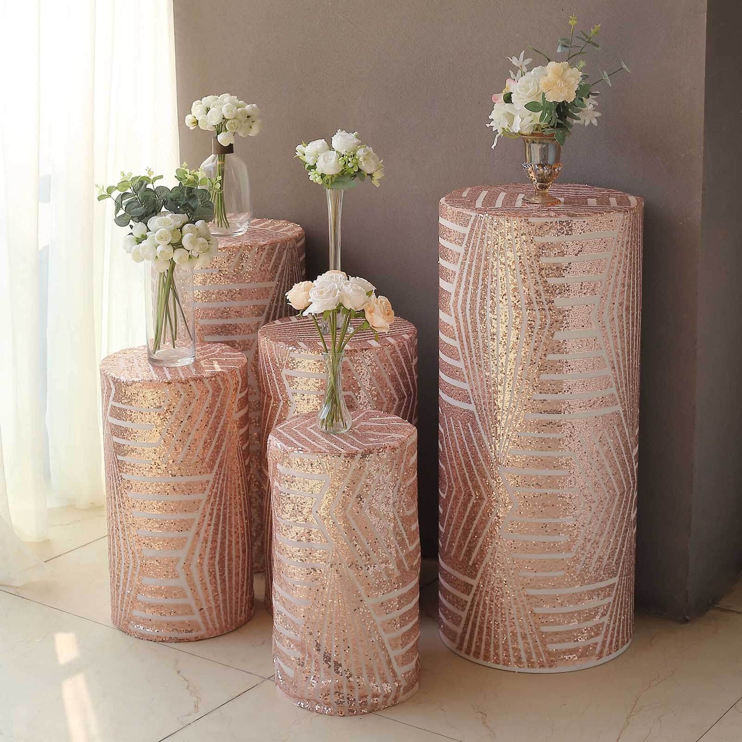 Set of 5 Rose Gold Sequin Mesh Cylinder Pedestal Stand Covers with Geometric Pattern Embroidery, Sparkly Sheer Tulle Pillar Prop Covers