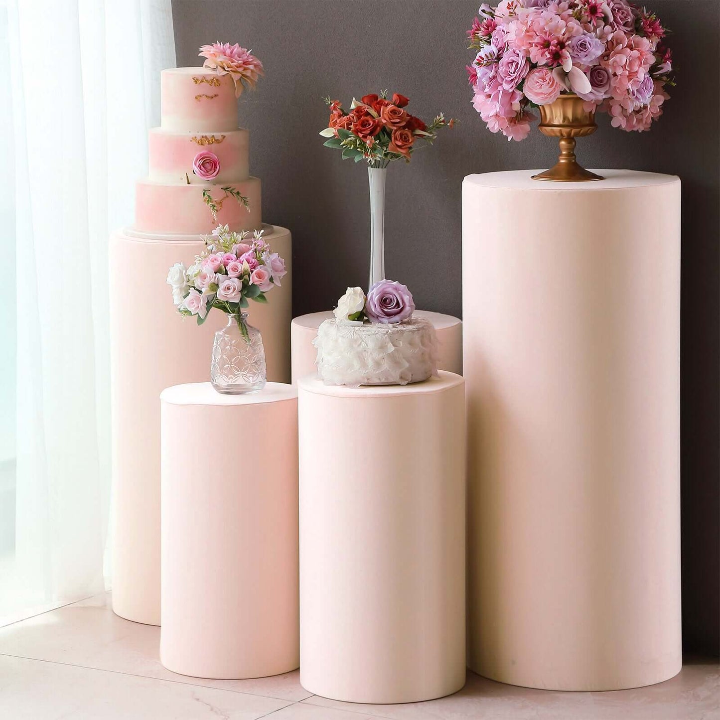 Set of 5 Blush Spandex Cylinder Pedestal Stand Covers, Stretchable Pillar Prop Covers - 160 GSM