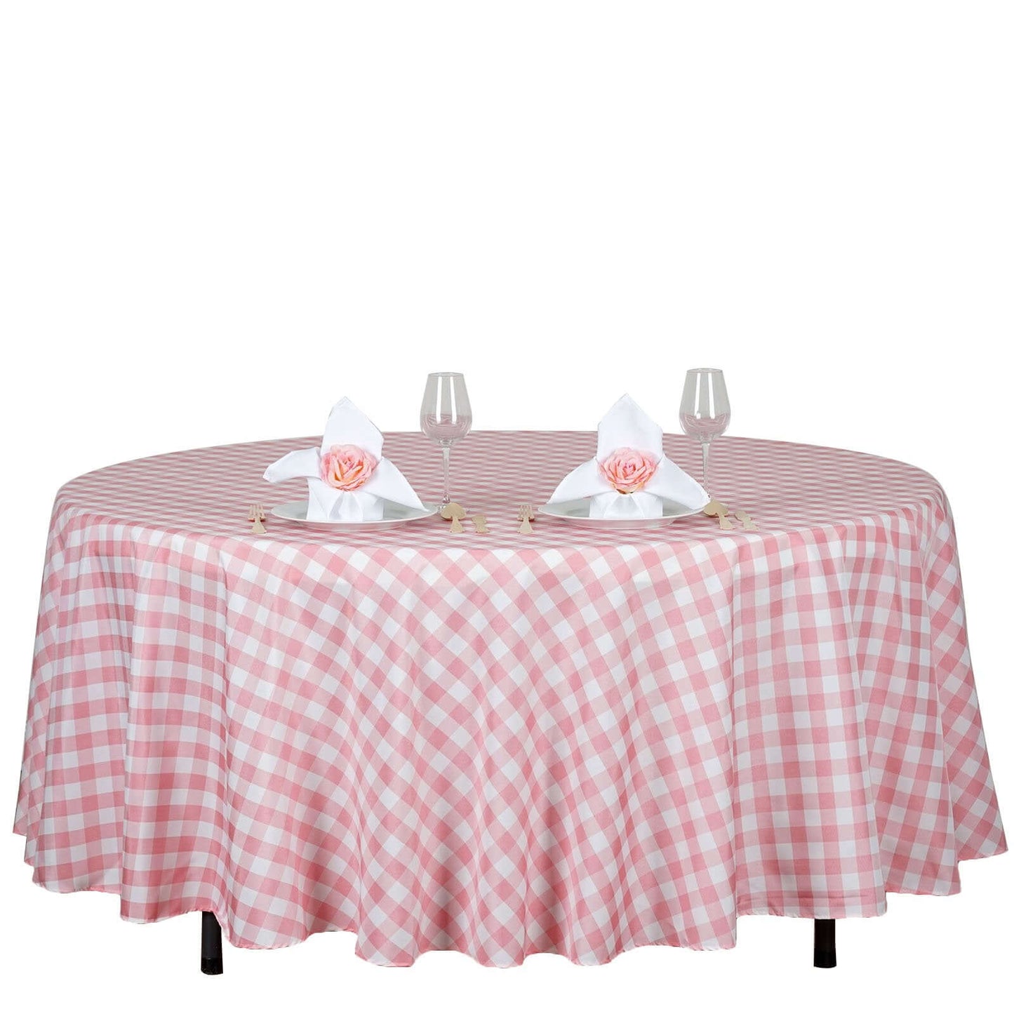 Polyester 108" Round Tablecloth White/Rose Quartz - Checkered Buffalo Plaid Design for Stylish Celebrations