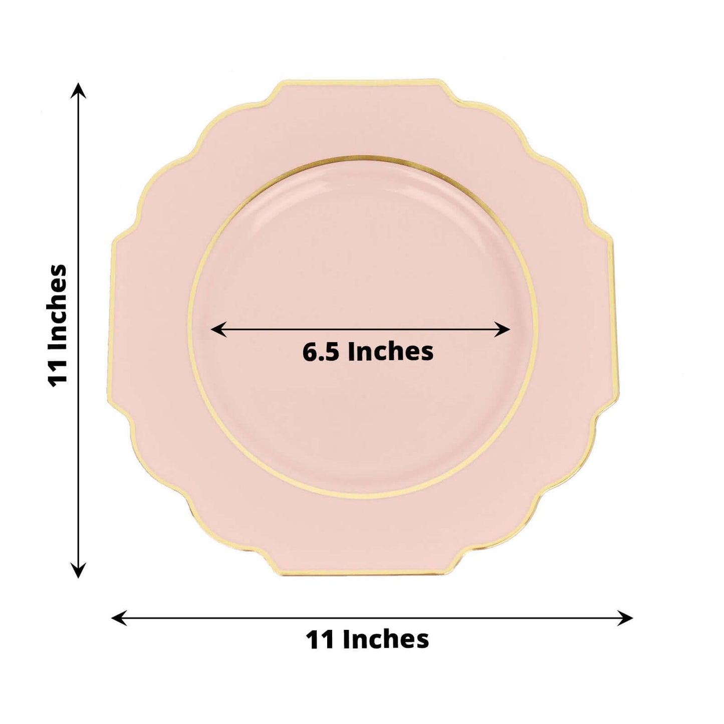 10-Pack Plastic Dinner Plates in Blush Baroque Design with Scalloped Gold Rim - Heavy Duty Disposable Party Plates 11"