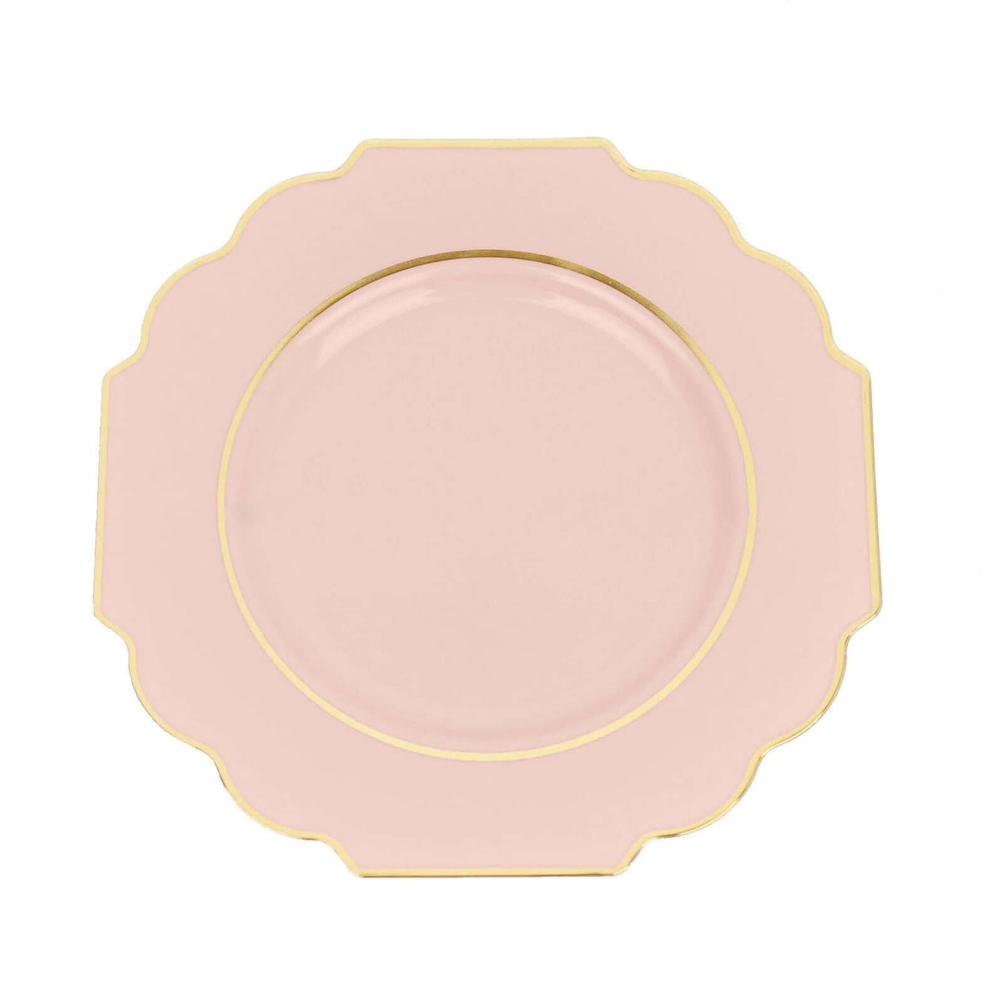 10-Pack Plastic Dessert Appetizer Plates in Blush Baroque Design with Scalloped Gold Rim - Heavy Duty Disposable Salad Plates 8"