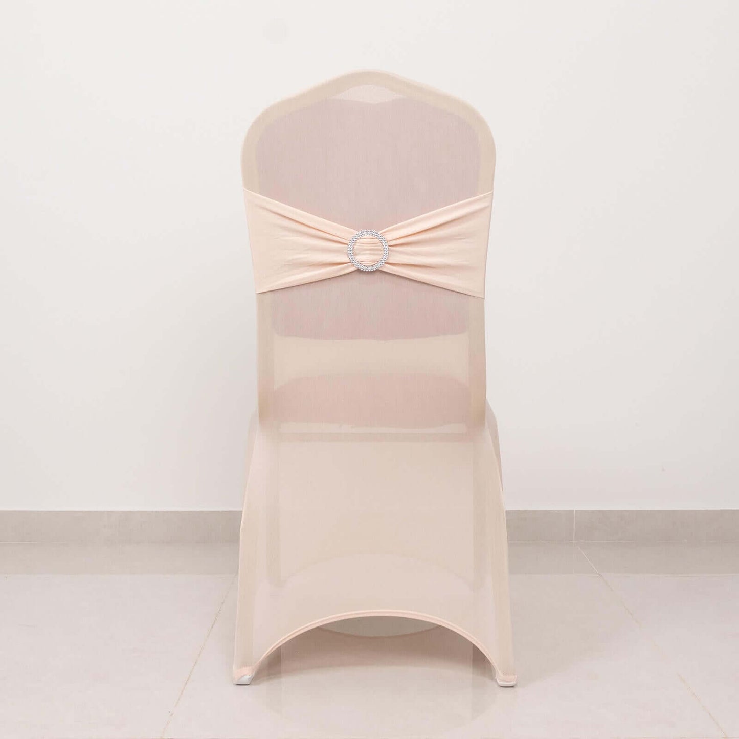 Spandex Chair Cover with Silver Rhinestone Buckled Sash Band Blush - Stretch Fitted Slipcover