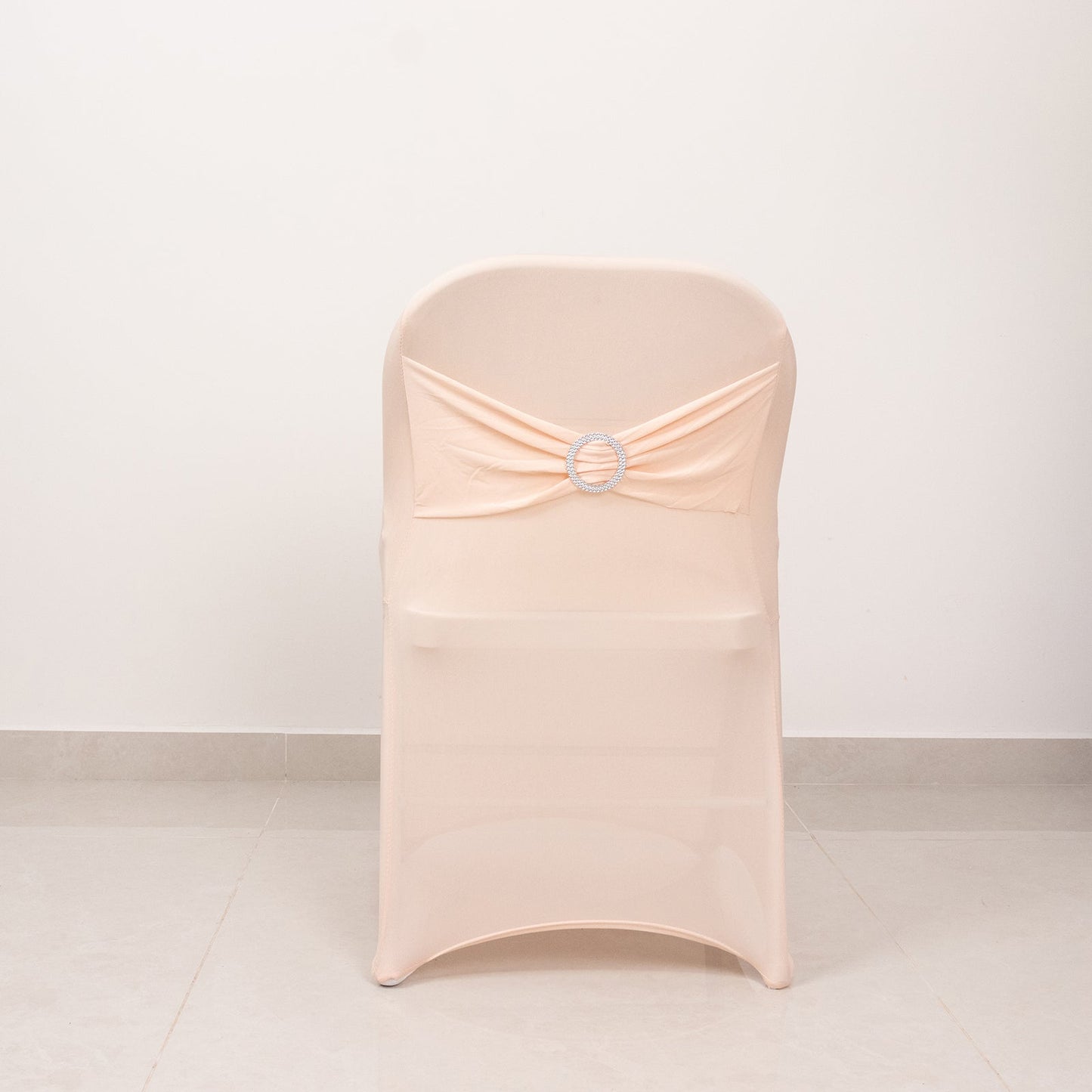 Stretch Spandex Chair Cover Blush for Folding Chairs - Secure Fit Slipcover with Silver Rhinestone Buckled Sash Band