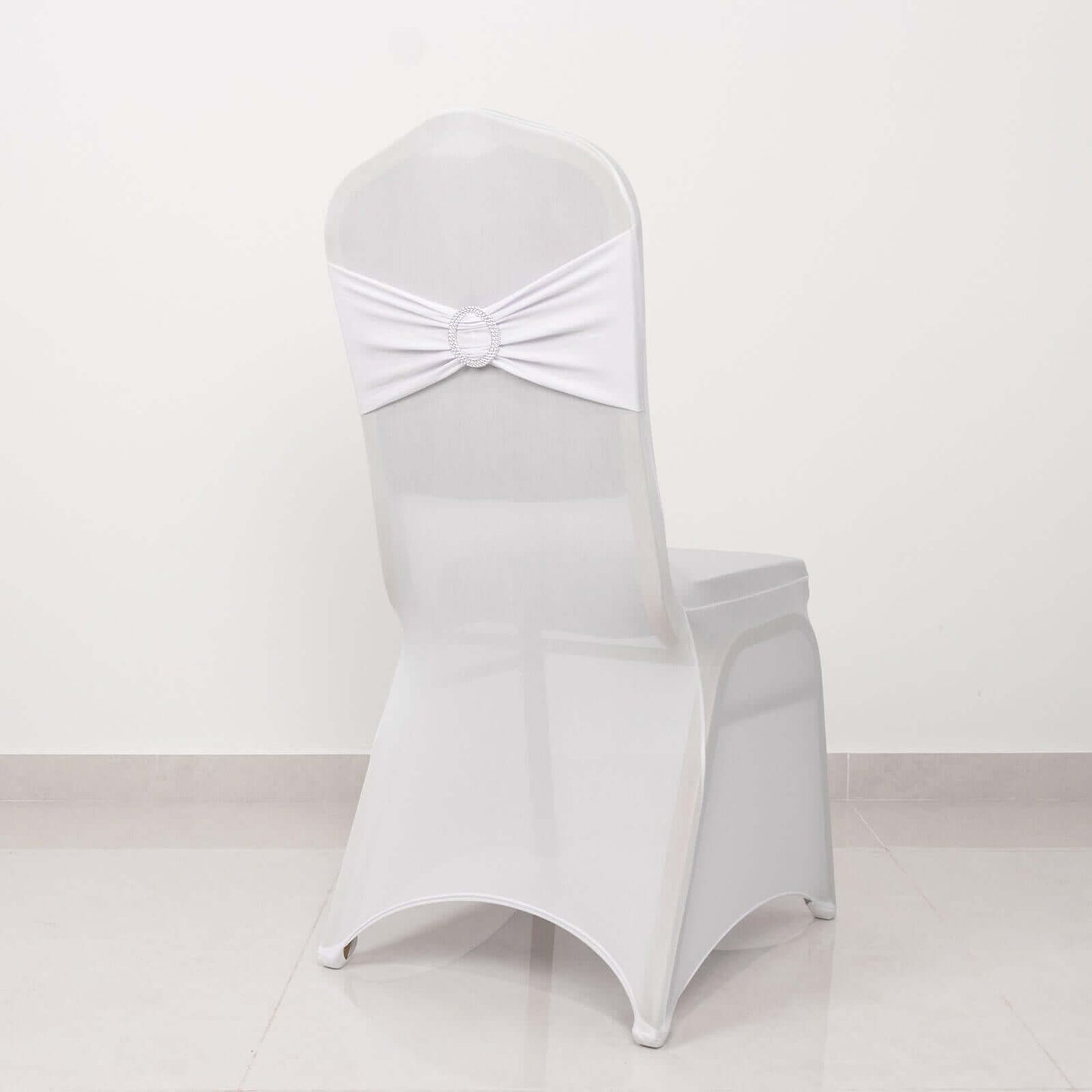 Spandex Chair Cover with Silver Rhinestone Buckled Sash Band White - Stylish Stretch Fitted Slipcover for Banquets & Events