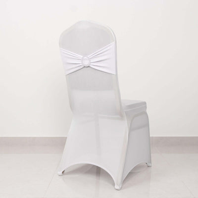 Spandex Chair Cover with Silver Rhinestone Buckled Sash Band White - Stylish Stretch Fitted Slipcover for Banquets & Events