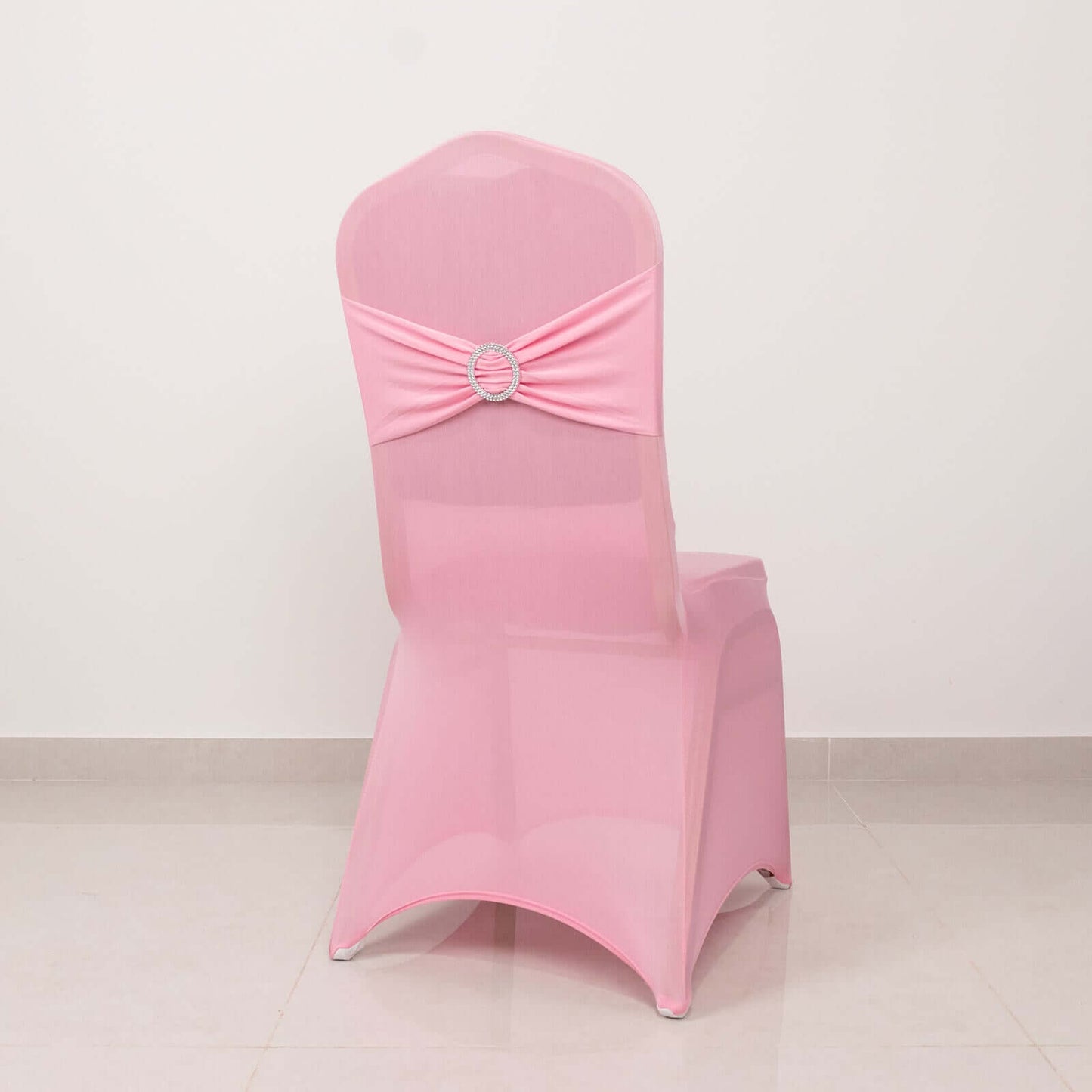 Spandex Chair Cover with Silver Rhinestone Buckled Sash Band Pink - Stretch Fitted Slipcover