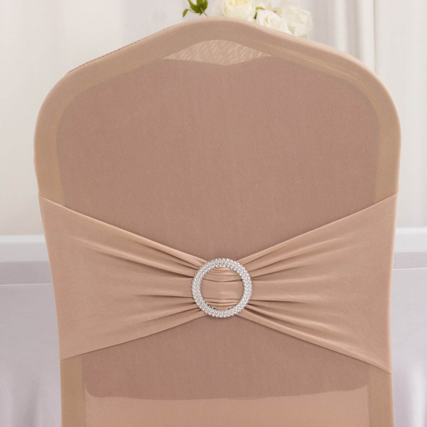 Spandex Chair Cover with Silver Rhinestone Buckled Sash Band Nude - Stretch Fitted Slipcover