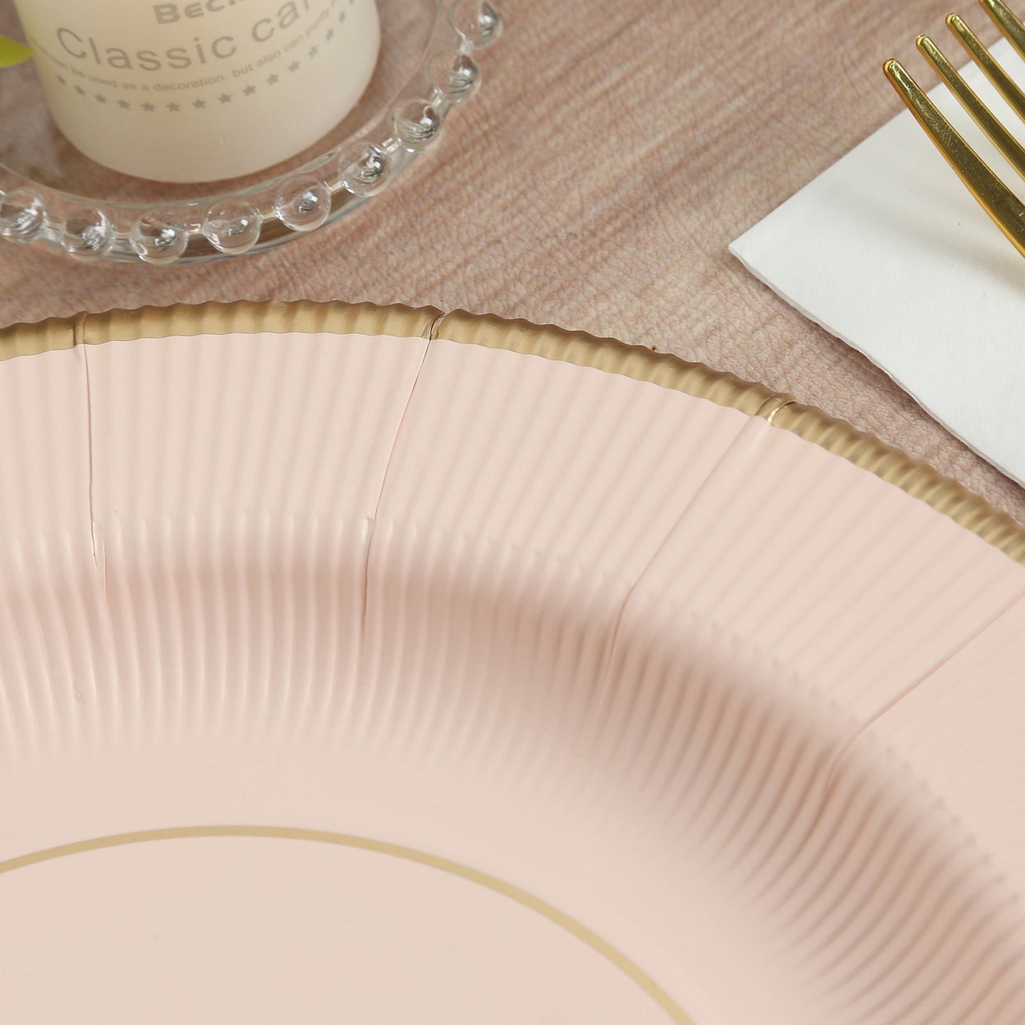 25-Pack Disposable Round Charger Plates in Blush Sunray Design with Gold Rim - 350GSM Heavy Duty Paper Chargers 13"