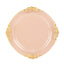 10-Pack Plastic 10" Round Dinner Plates in Transparent Blush with Gold Leaf Embossed Rim - Disposable Vintage Baroque Style Plates