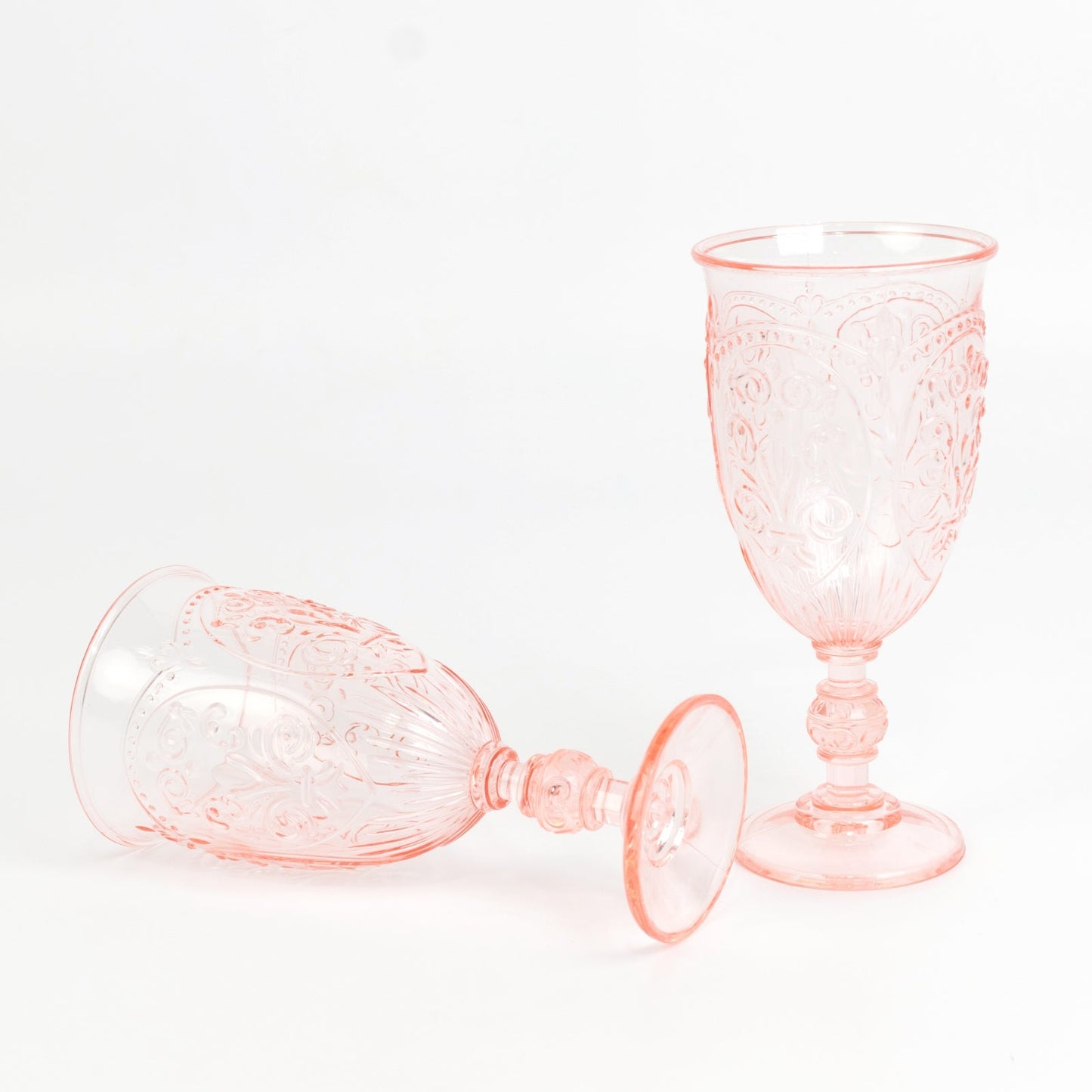 24-Pack Plastic Wine Glasses 10oz â€“ Transparent Blush Vintage Goblets with Retro Embossed Design, Elegant Drinkware - 7" Tall