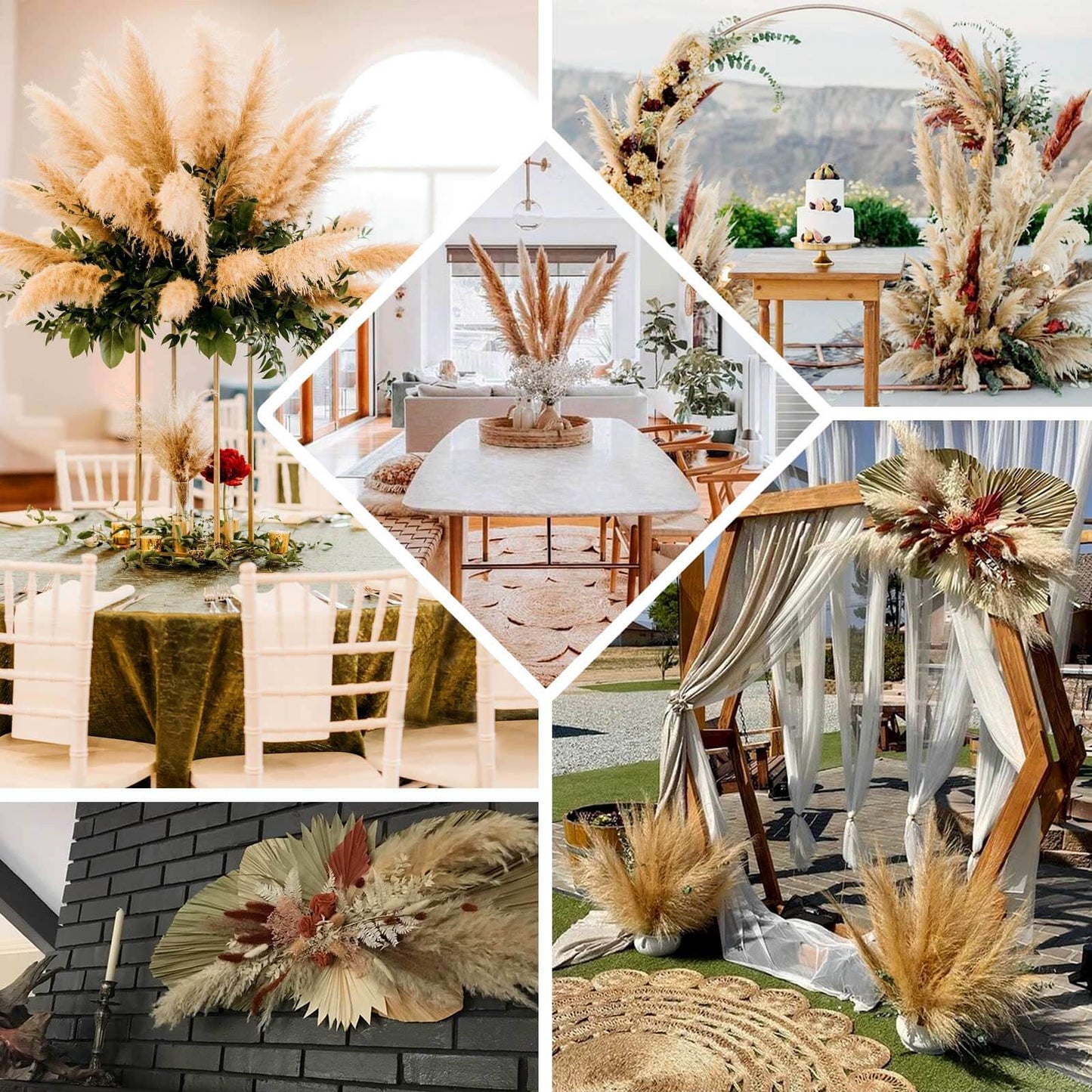6 Stems Natural Dried Pampas Grass Decor Wheat Tint - Tall Plant Sprays for Boho Chic Vase Displays Backdrops & Event Styling 49"