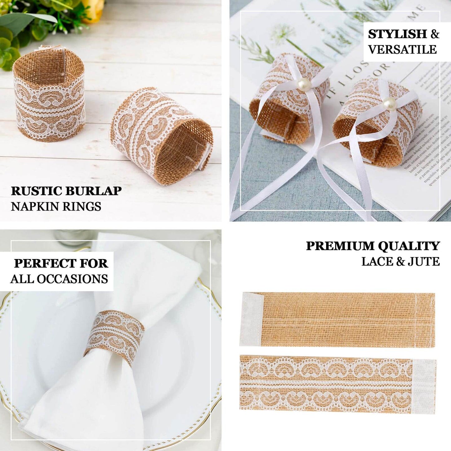 6 Pack Rustic Boho Chic Burlap and Lace Napkin Rings, Farmhouse Style Jute Serviette Buckles Holder