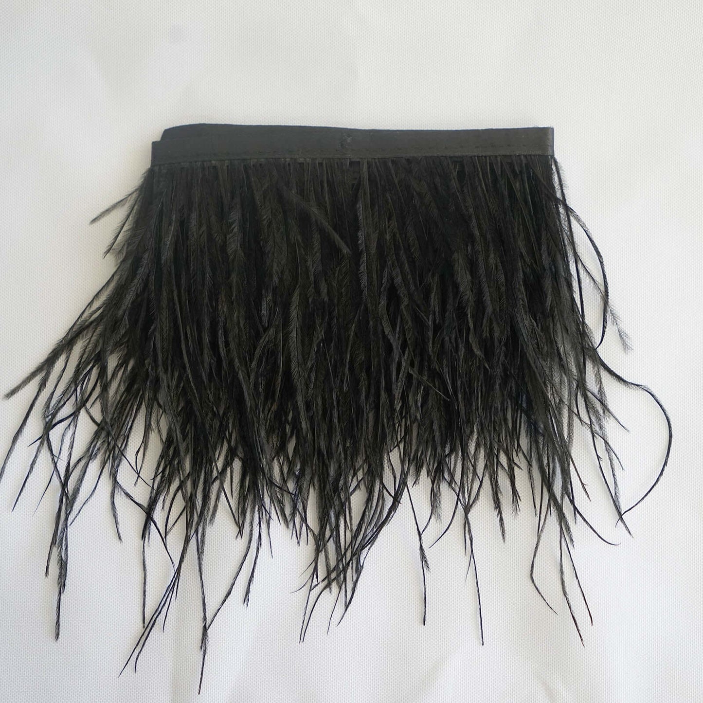 39" Black Real Ostrich Feather Fringe Trim With Satin Ribbon Tape