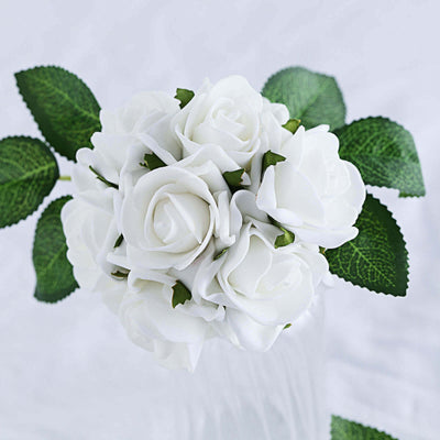 24 Roses 2" White Artificial Foam Flowers With Stem Wire and Leaves